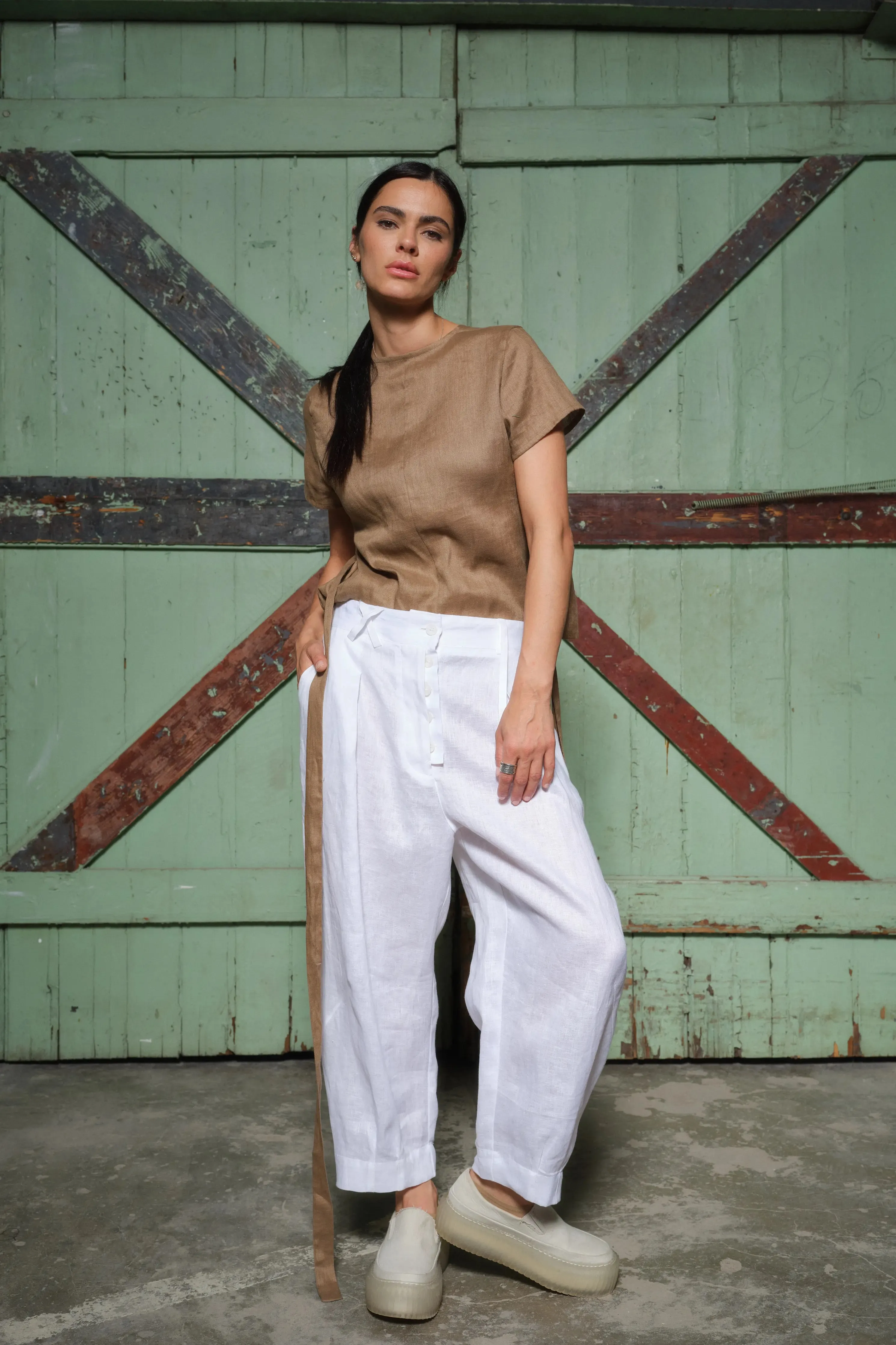 Elegant linen wrap blouse in beige color