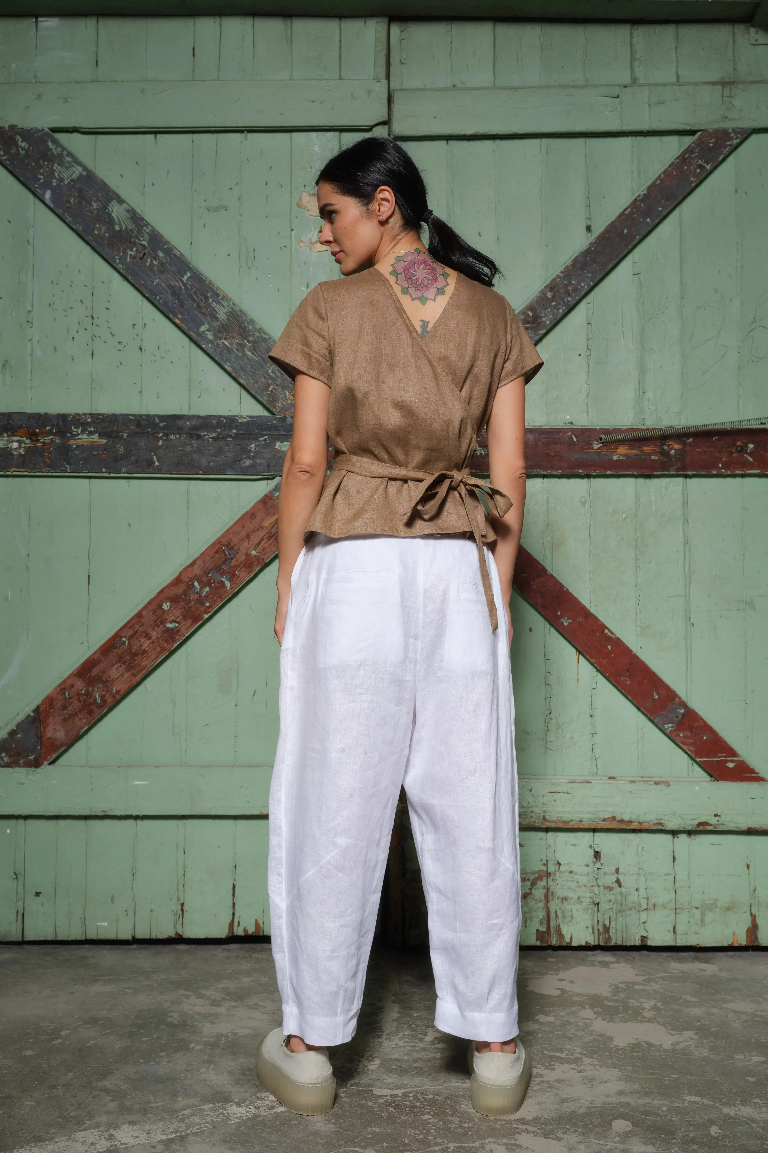 Elegant linen wrap blouse in beige color