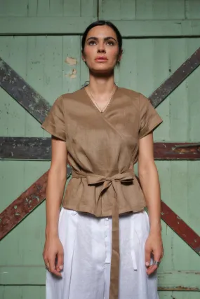 Elegant linen wrap blouse in beige color