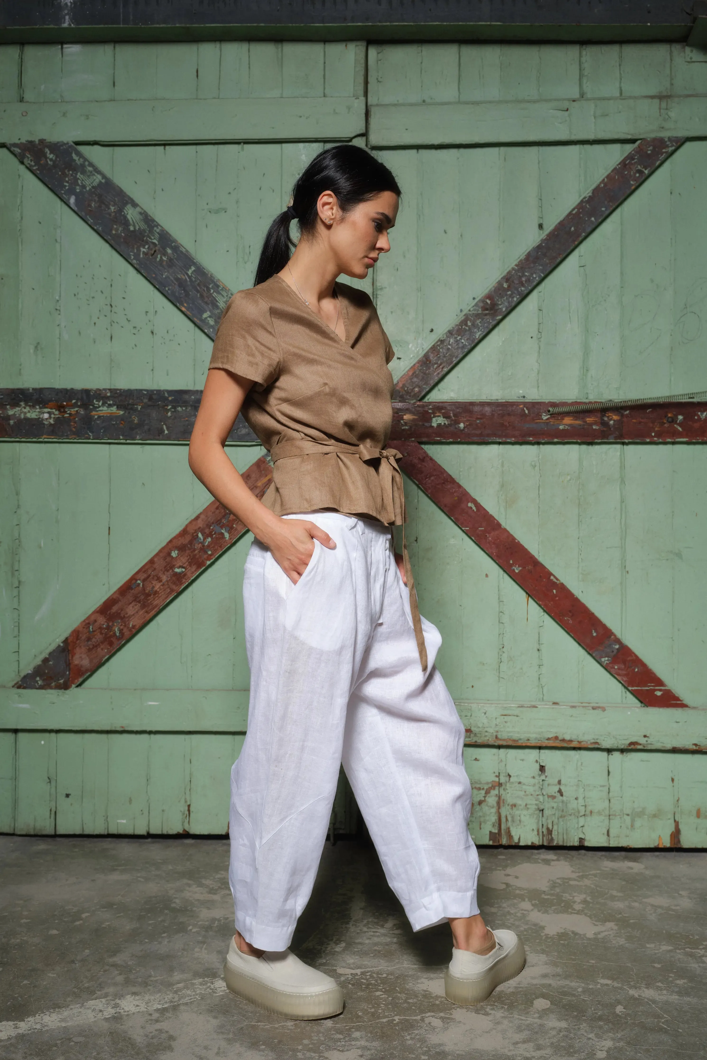 Elegant linen wrap blouse in beige color