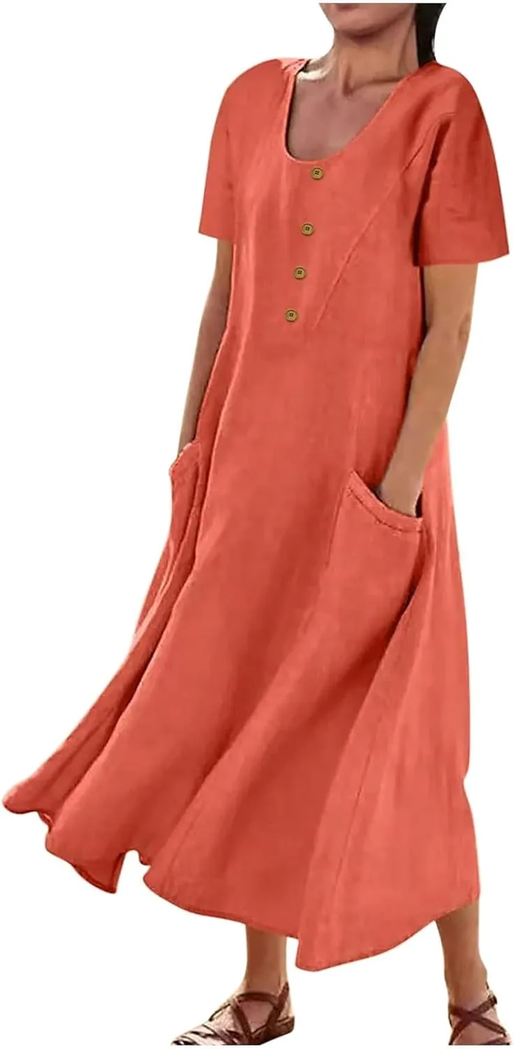 Finelylove Womens Cotton Linen Long Dress Short Sleeve Loose Flowy Dress Casual Midi Summer Beach Sundress with Pockets