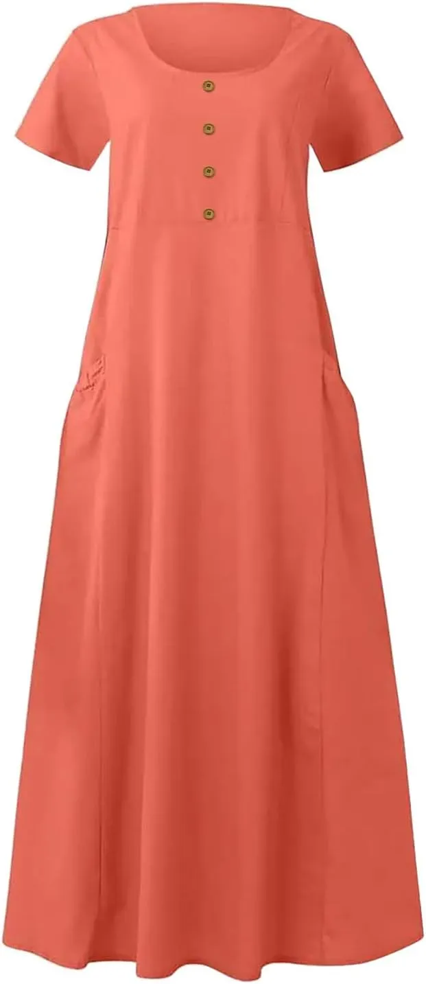 Finelylove Womens Cotton Linen Long Dress Short Sleeve Loose Flowy Dress Casual Midi Summer Beach Sundress with Pockets