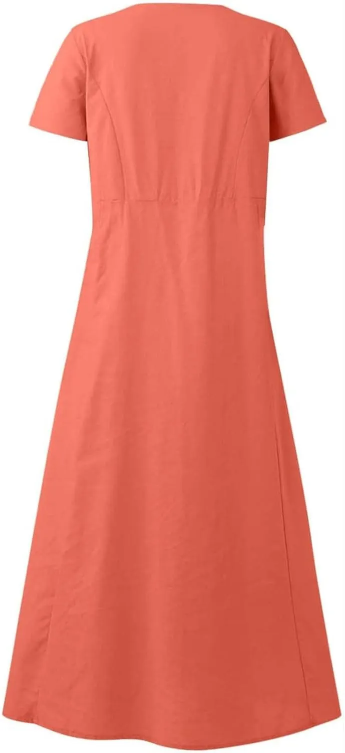 Finelylove Womens Cotton Linen Long Dress Short Sleeve Loose Flowy Dress Casual Midi Summer Beach Sundress with Pockets