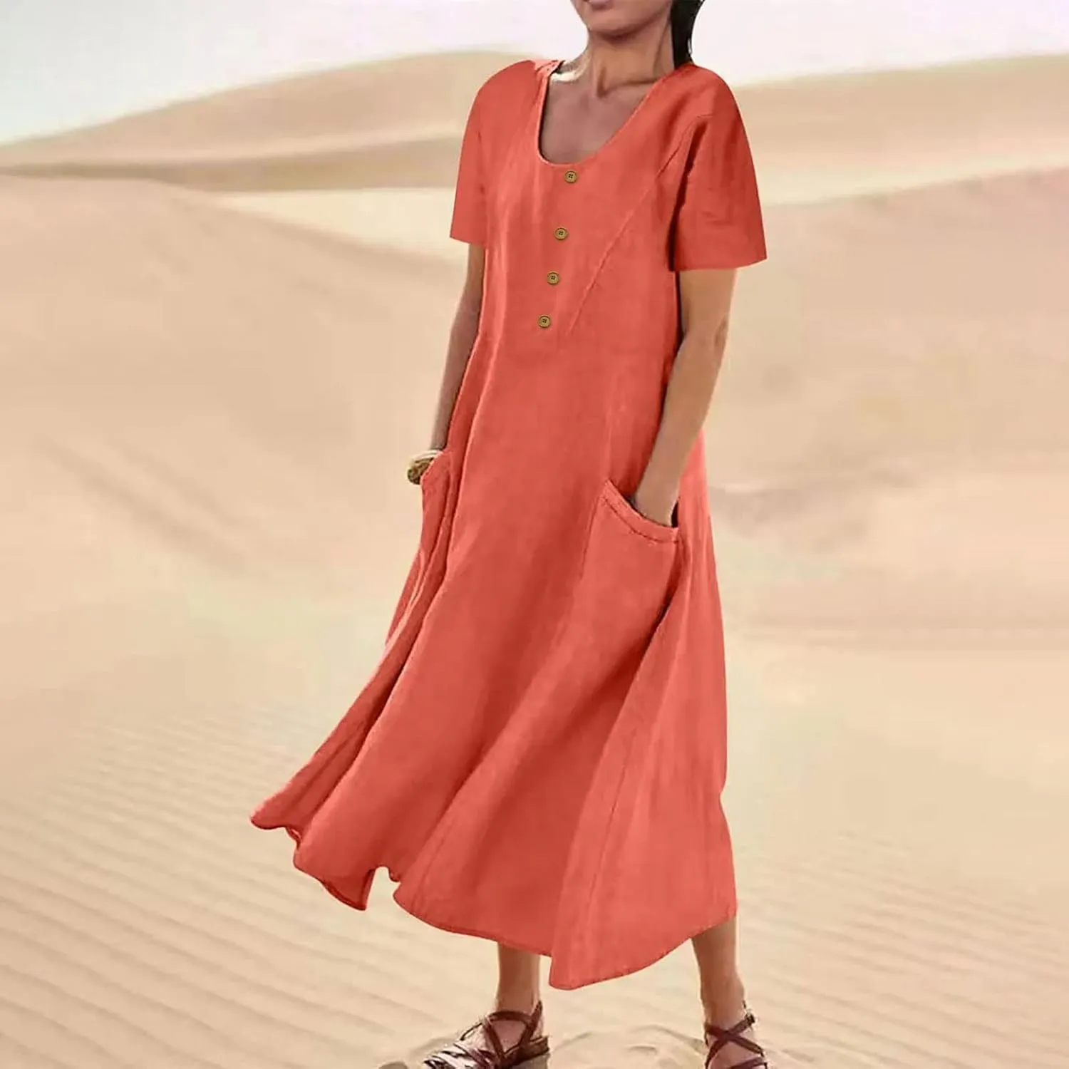 Finelylove Womens Cotton Linen Long Dress Short Sleeve Loose Flowy Dress Casual Midi Summer Beach Sundress with Pockets