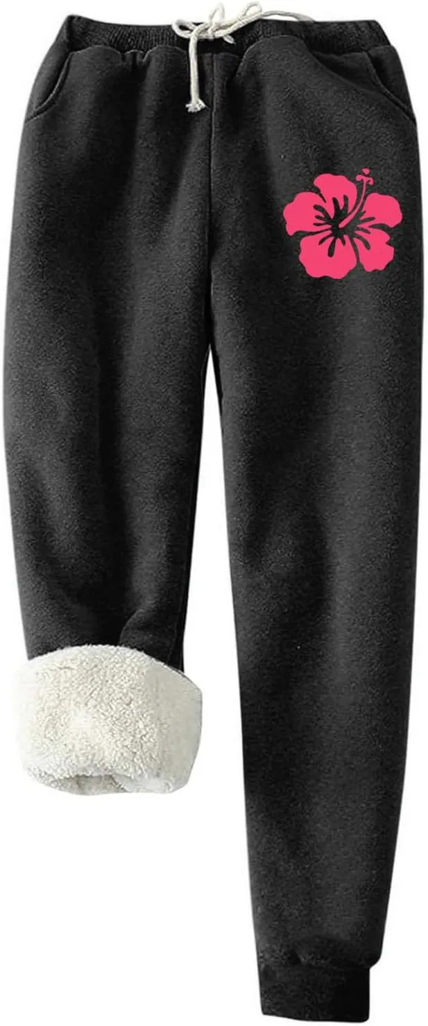 Fleece Lined Leggings Women Pink Graphic Winter Warm Sherpa Lined Sweatpants Thermal Leggings Joggers with Pockets