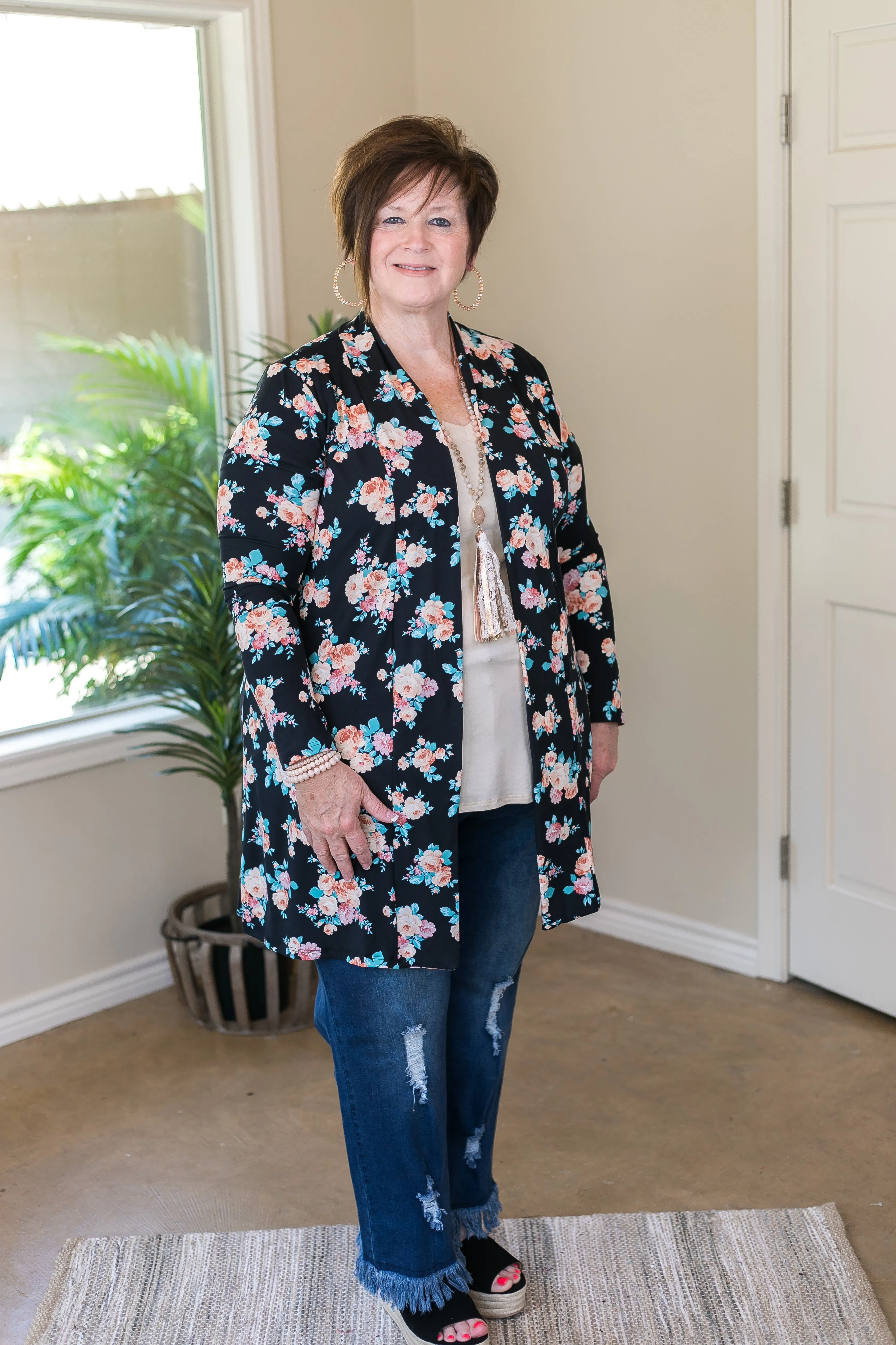 Garden Party Floral Print Super Soft Cardigan in Black