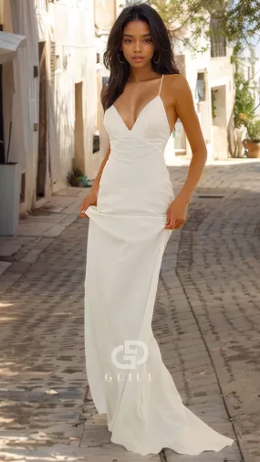 GW952 - Boho Straps Backless V-Neck Sleek Satin Elegant Wedding Dress