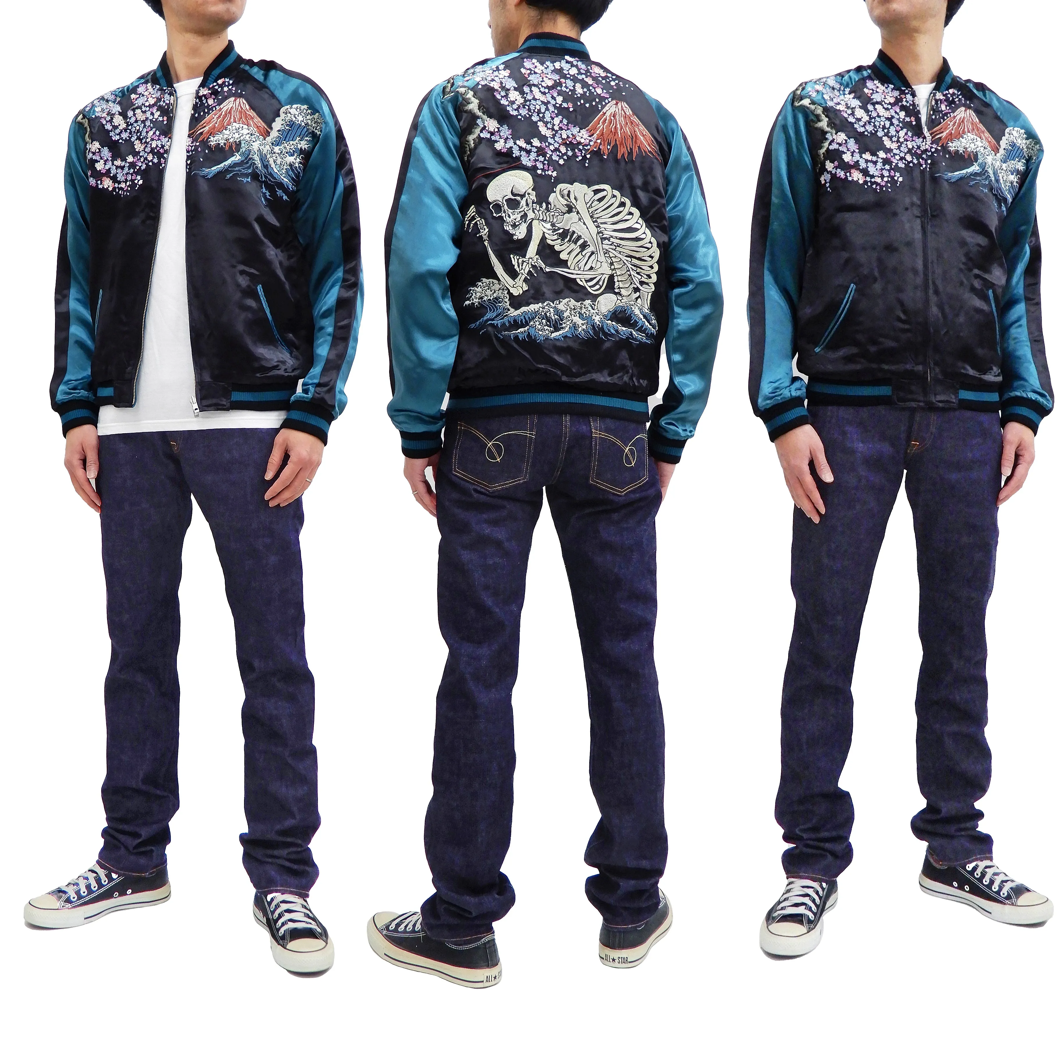 Hanatabi Gakudan Men's Japanese Souvenir Jacket Japanese Skeleton Art Sukajan Script SSJ-037