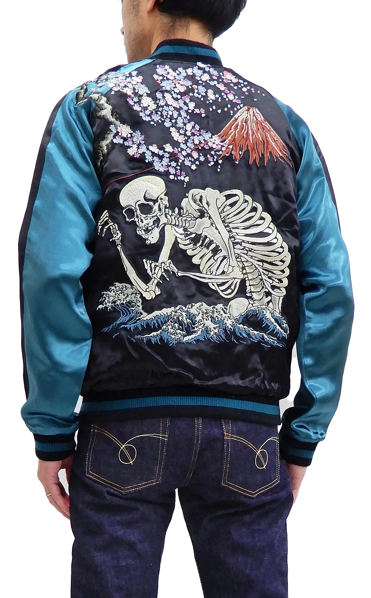 Hanatabi Gakudan Men's Japanese Souvenir Jacket Japanese Skeleton Art Sukajan Script SSJ-037
