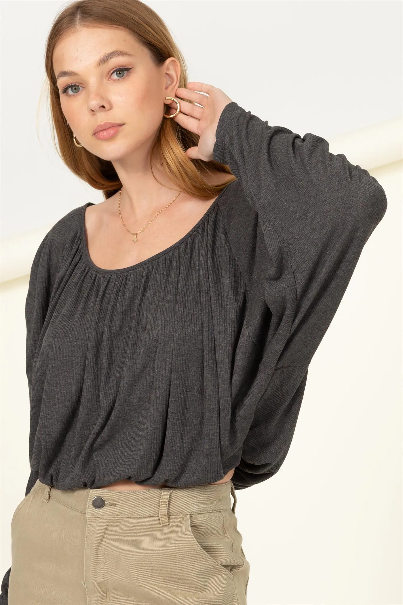 HF21F952-Boat Neck Shirred Dolman Sleeve Blouse