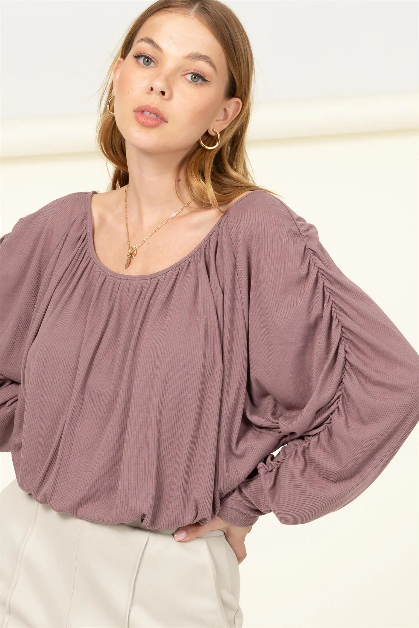 HF21F952-Boat Neck Shirred Dolman Sleeve Blouse