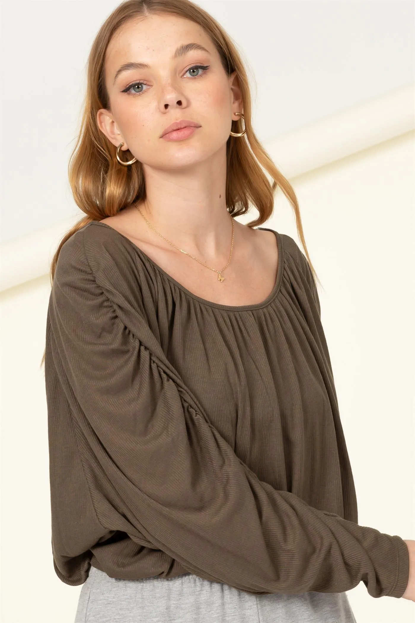 HF21F952-Boat Neck Shirred Dolman Sleeve Blouse