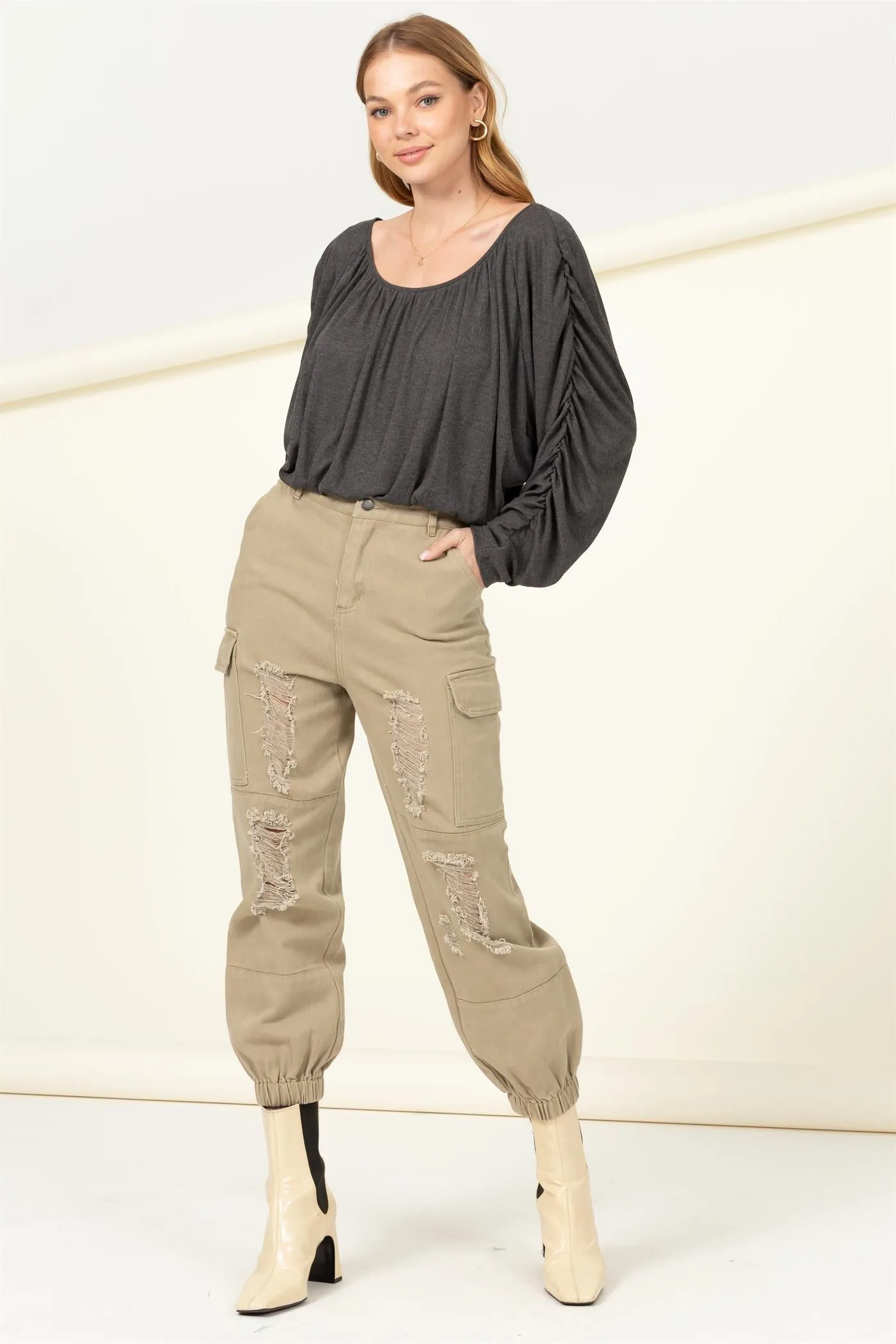 HF21F952-Boat Neck Shirred Dolman Sleeve Blouse