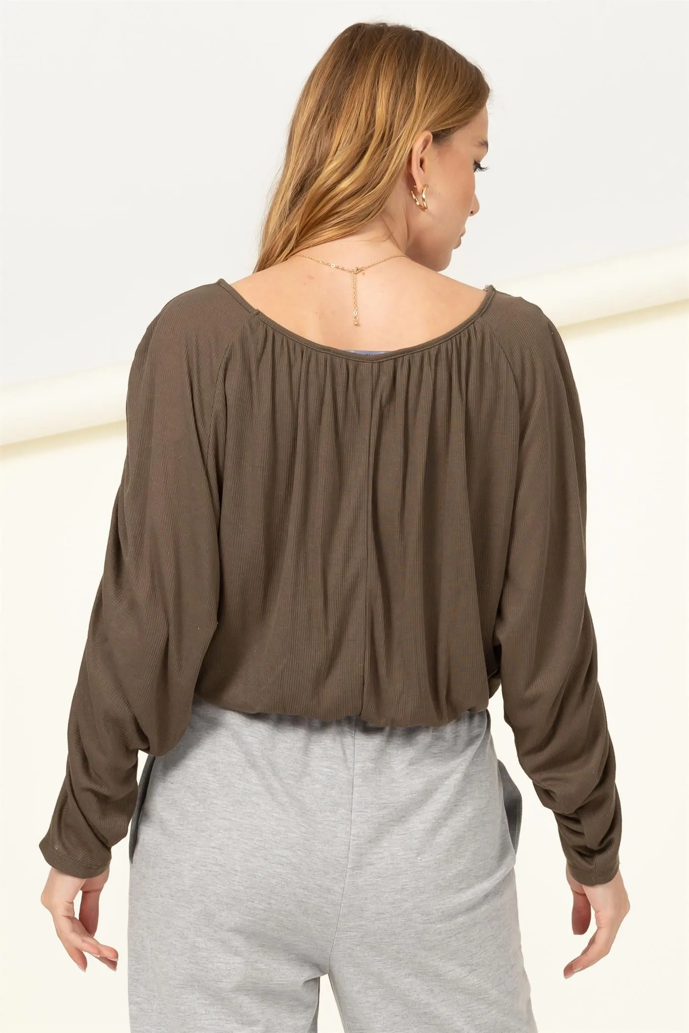 HF21F952-Boat Neck Shirred Dolman Sleeve Blouse