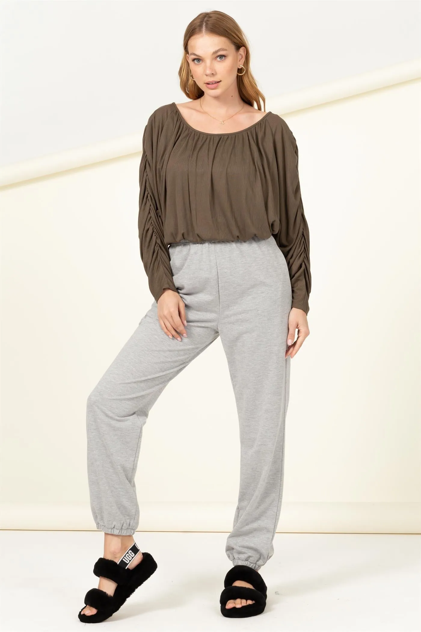 HF21F952-Boat Neck Shirred Dolman Sleeve Blouse
