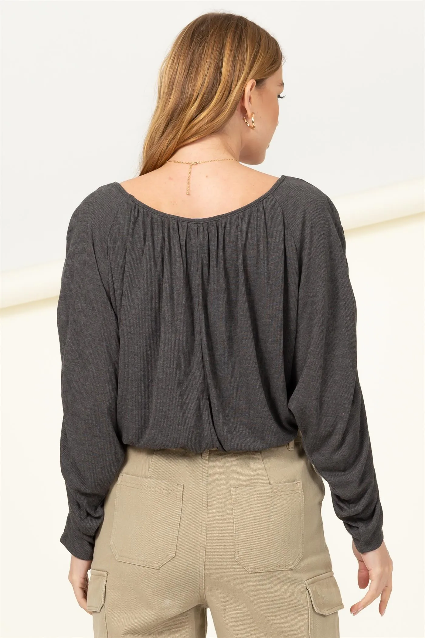 HF21F952-Boat Neck Shirred Dolman Sleeve Blouse