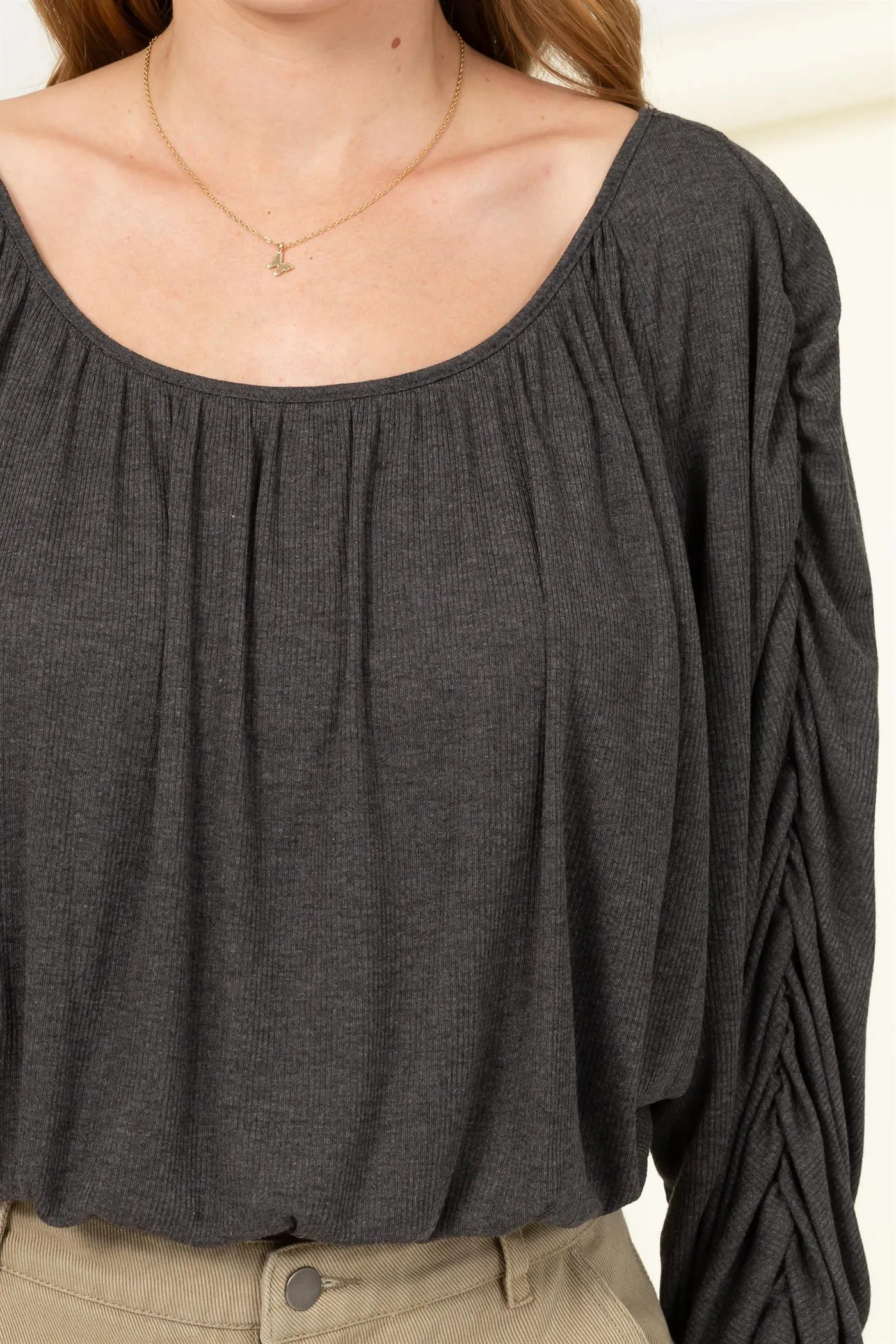 HF21F952-Boat Neck Shirred Dolman Sleeve Blouse