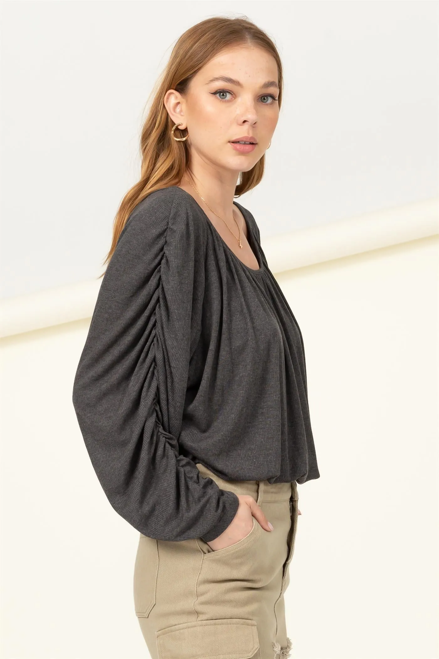 HF21F952-Boat Neck Shirred Dolman Sleeve Blouse