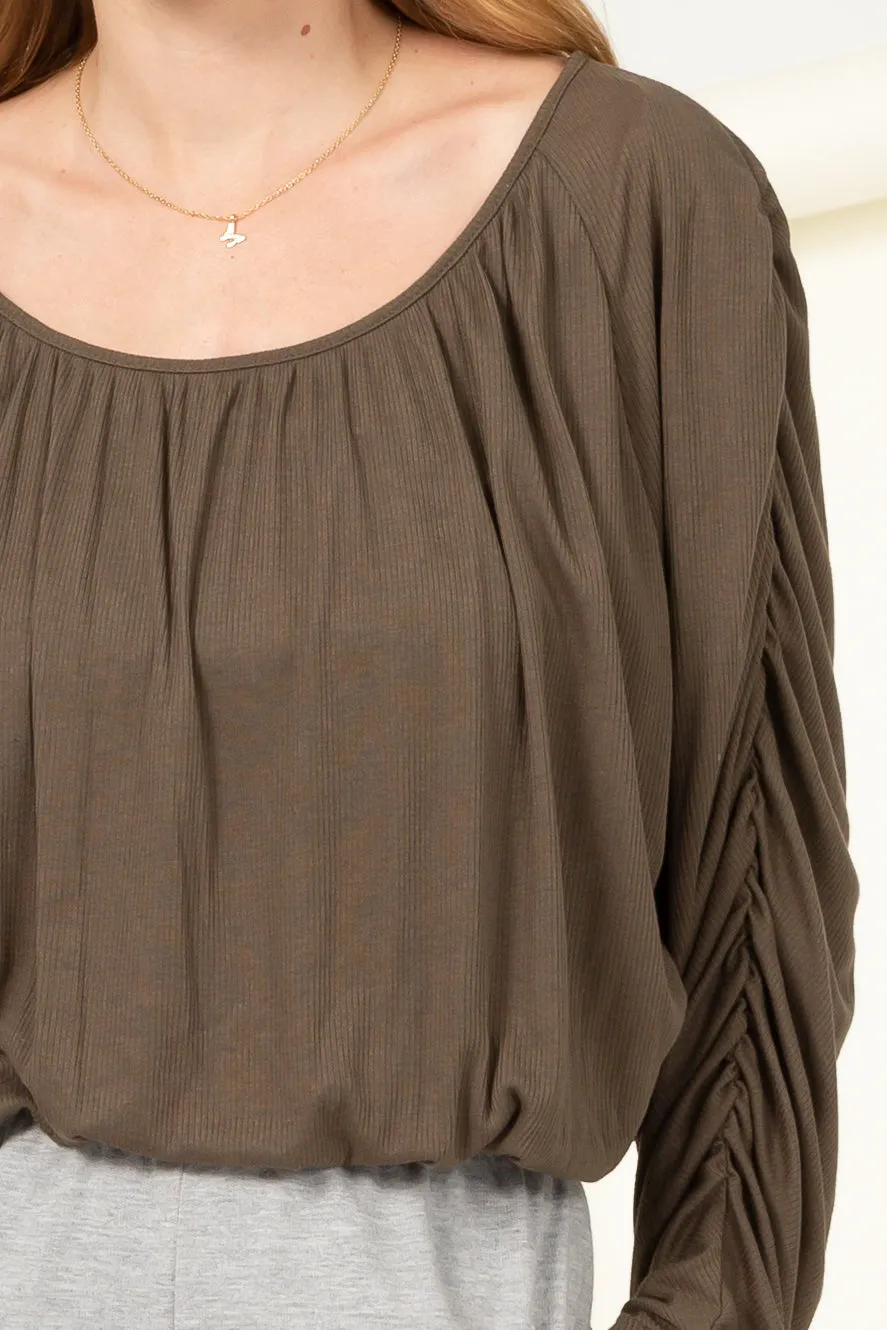 HF21F952-Boat Neck Shirred Dolman Sleeve Blouse