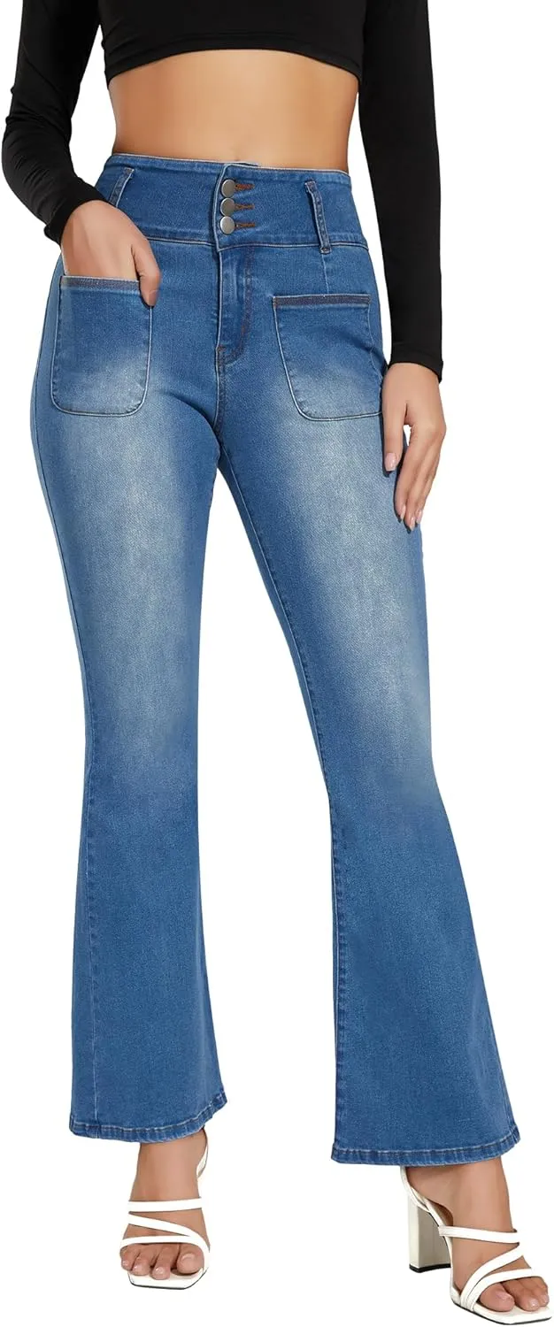 High Waisted for Women Stretch Classic Bootcut Flare Denin Jeans with Front Patch Pockets
