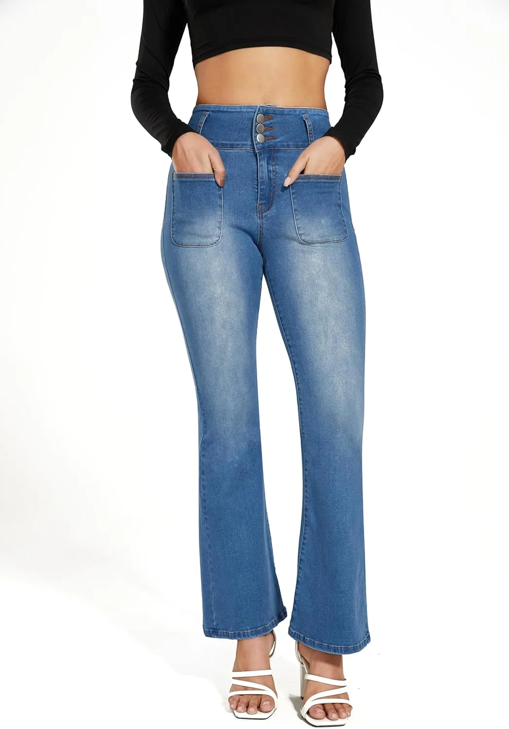 High Waisted for Women Stretch Classic Bootcut Flare Denin Jeans with Front Patch Pockets