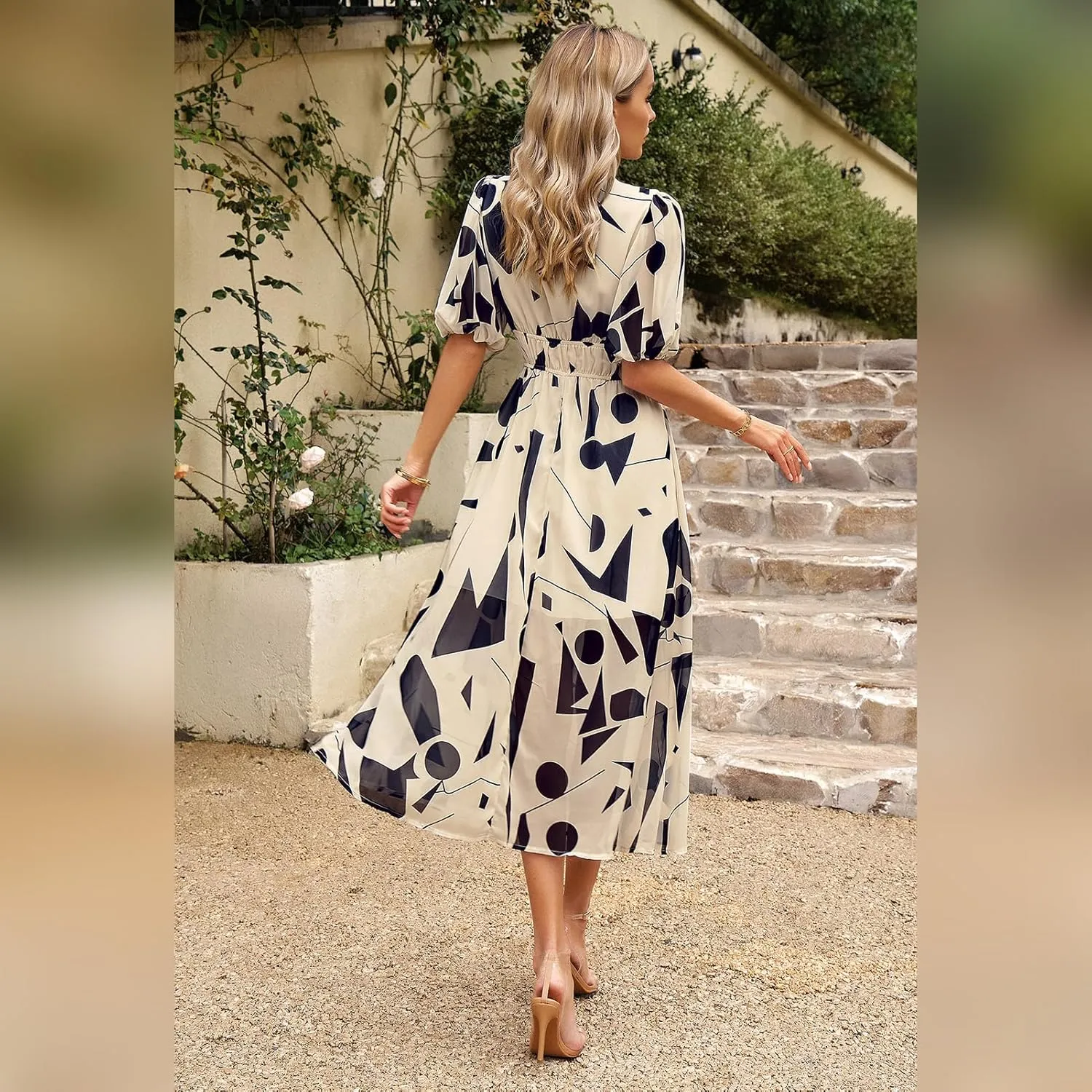 IDOPIP Women Elegant Floral Print Midi Dress Empire Waist Chiffon Dress Summer Boho Flowy Sundress Casual Ruffle Maxi Dress