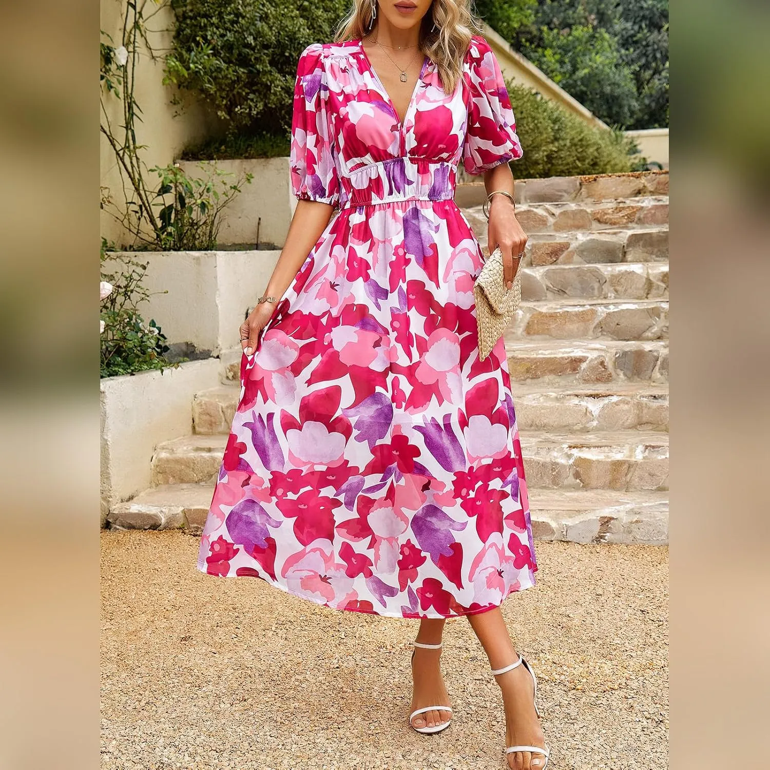 IDOPIP Women Elegant Floral Print Midi Dress Empire Waist Chiffon Dress Summer Boho Flowy Sundress Casual Ruffle Maxi Dress