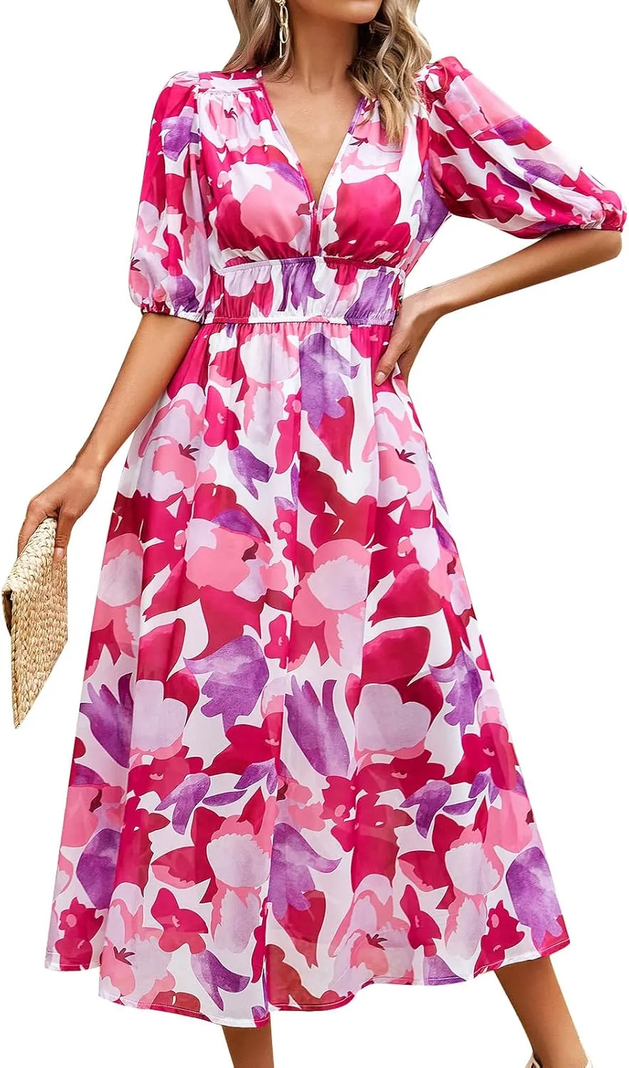 IDOPIP Women Elegant Floral Print Midi Dress Empire Waist Chiffon Dress Summer Boho Flowy Sundress Casual Ruffle Maxi Dress