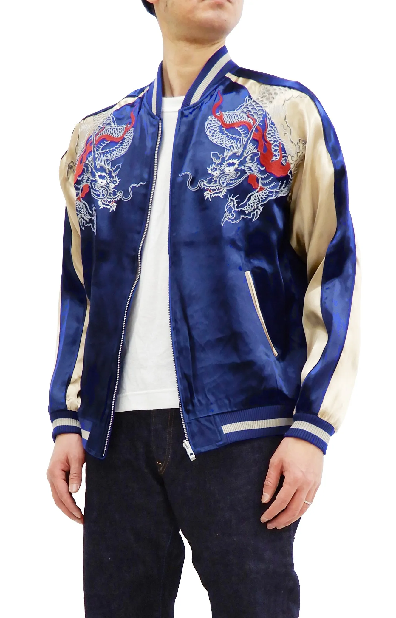 Japanesque Men's Japanese Souvenir Jacket Dragon Sukajan 3RSJ-024 Navy-Blue/Beige