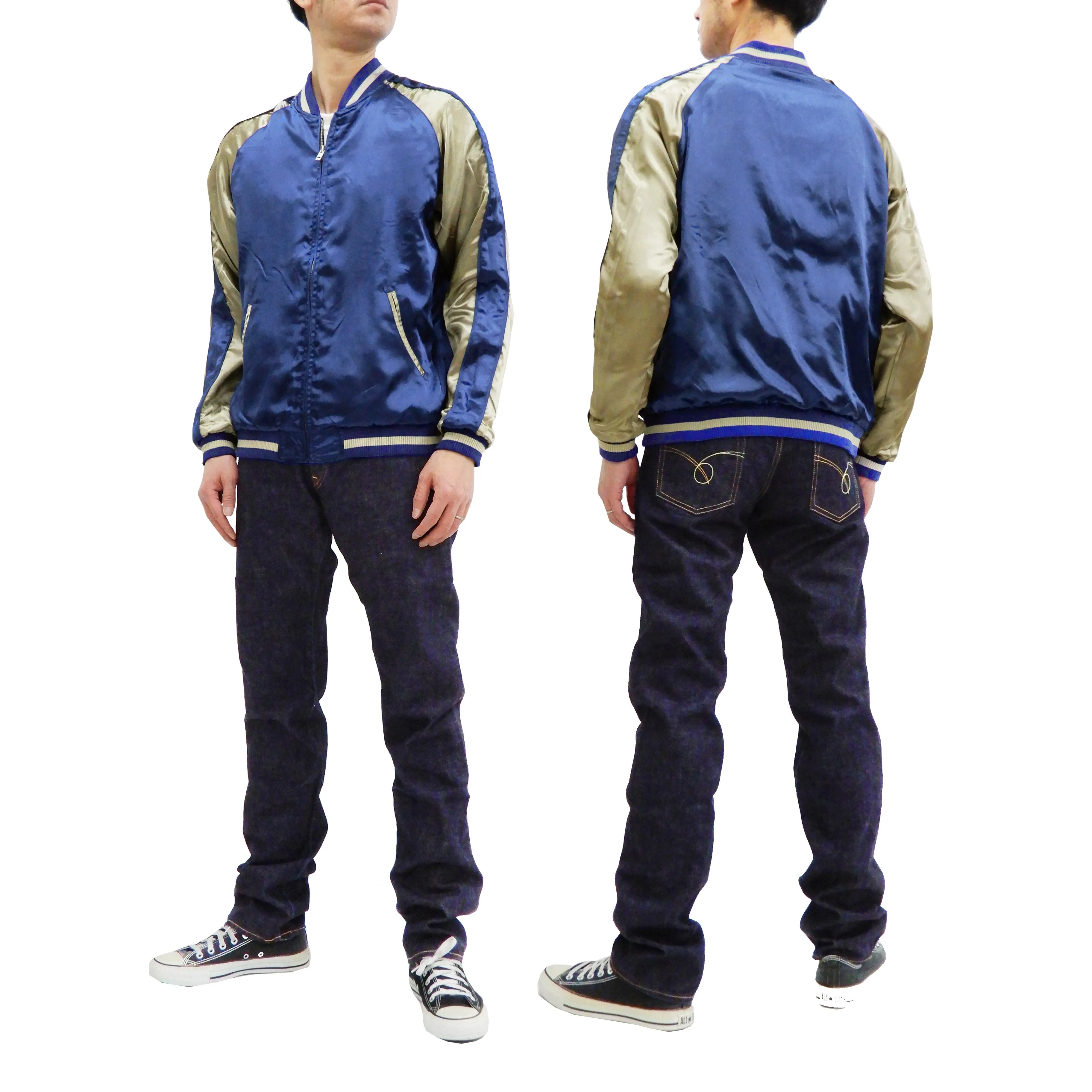 Japanesque Men's Japanese Souvenir Jacket Dragon Sukajan 3RSJ-024 Navy-Blue/Beige