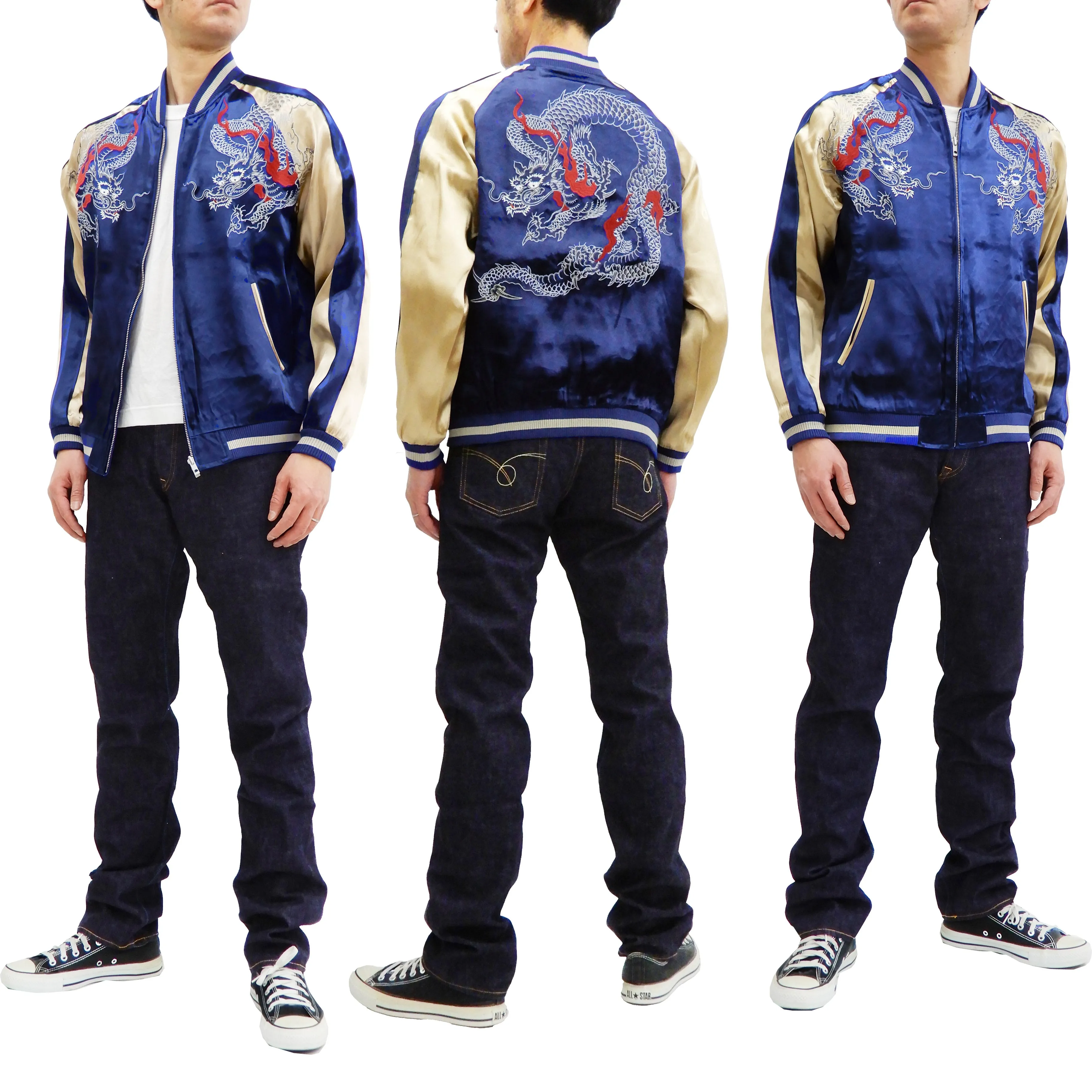 Japanesque Men's Japanese Souvenir Jacket Dragon Sukajan 3RSJ-024 Navy-Blue/Beige