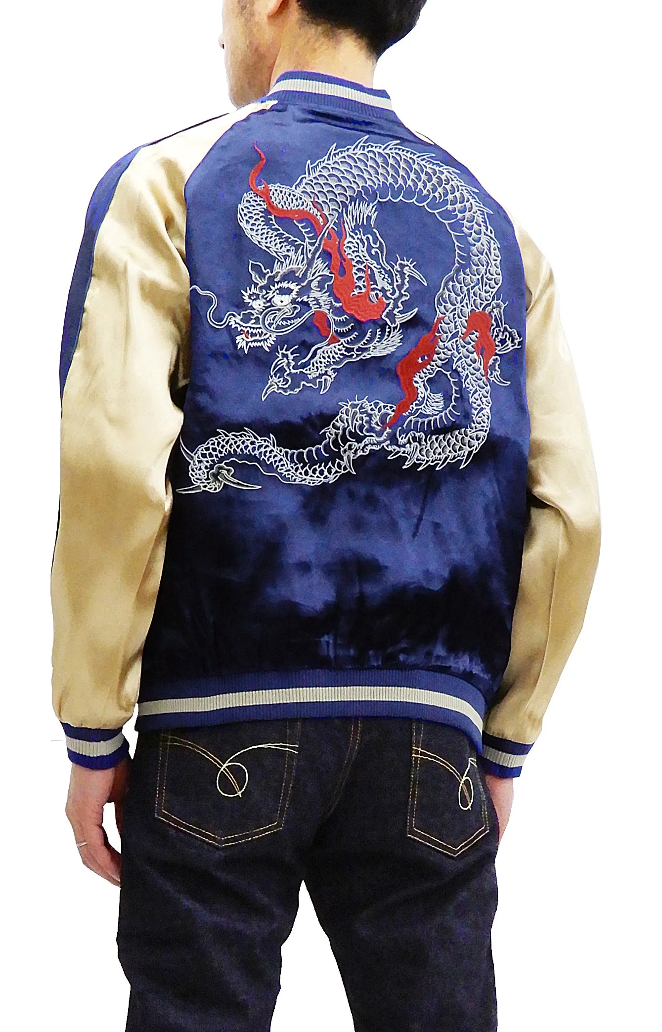 Japanesque Men's Japanese Souvenir Jacket Dragon Sukajan 3RSJ-024 Navy-Blue/Beige
