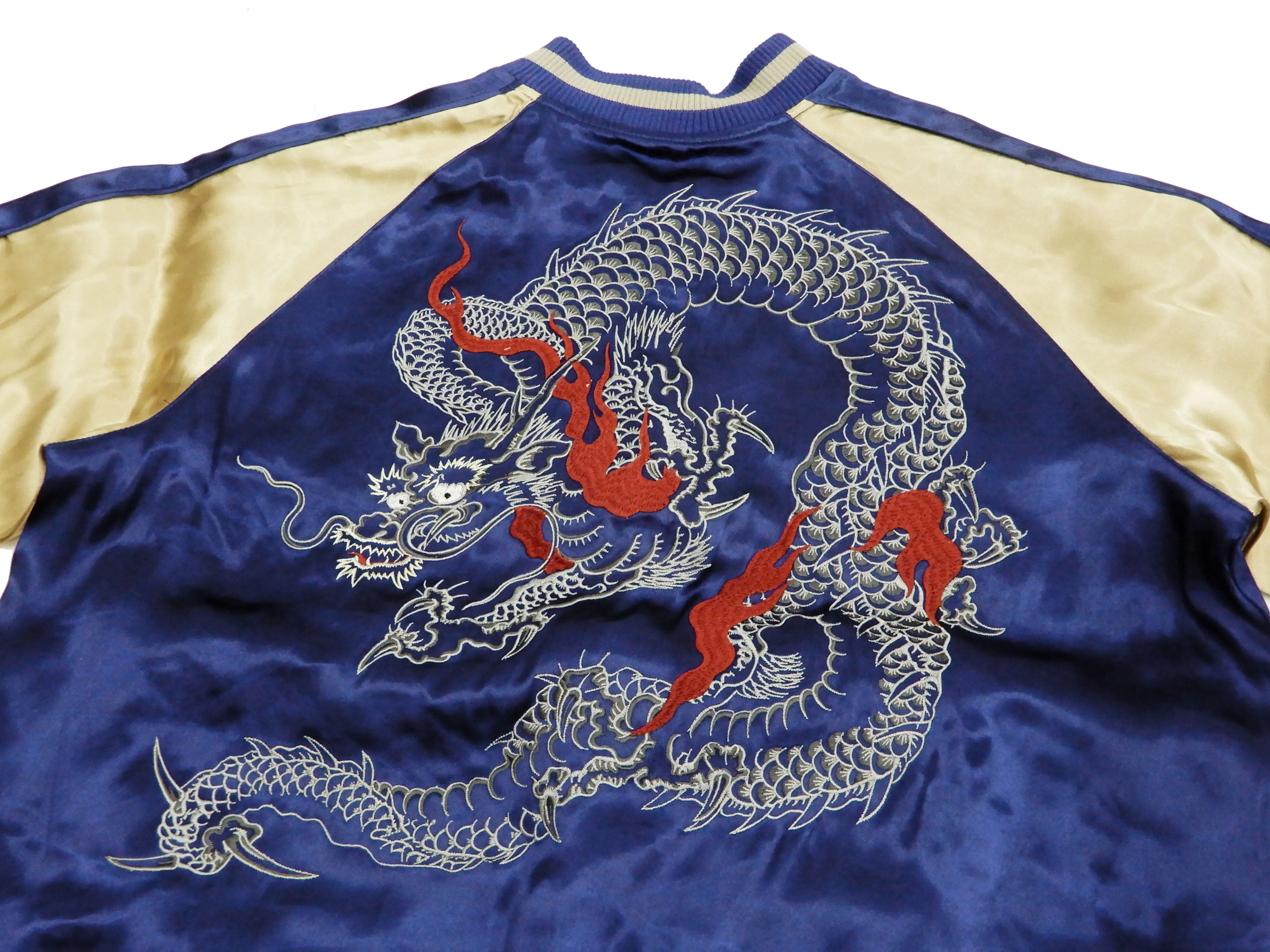 Japanesque Men's Japanese Souvenir Jacket Dragon Sukajan 3RSJ-024 Navy-Blue/Beige
