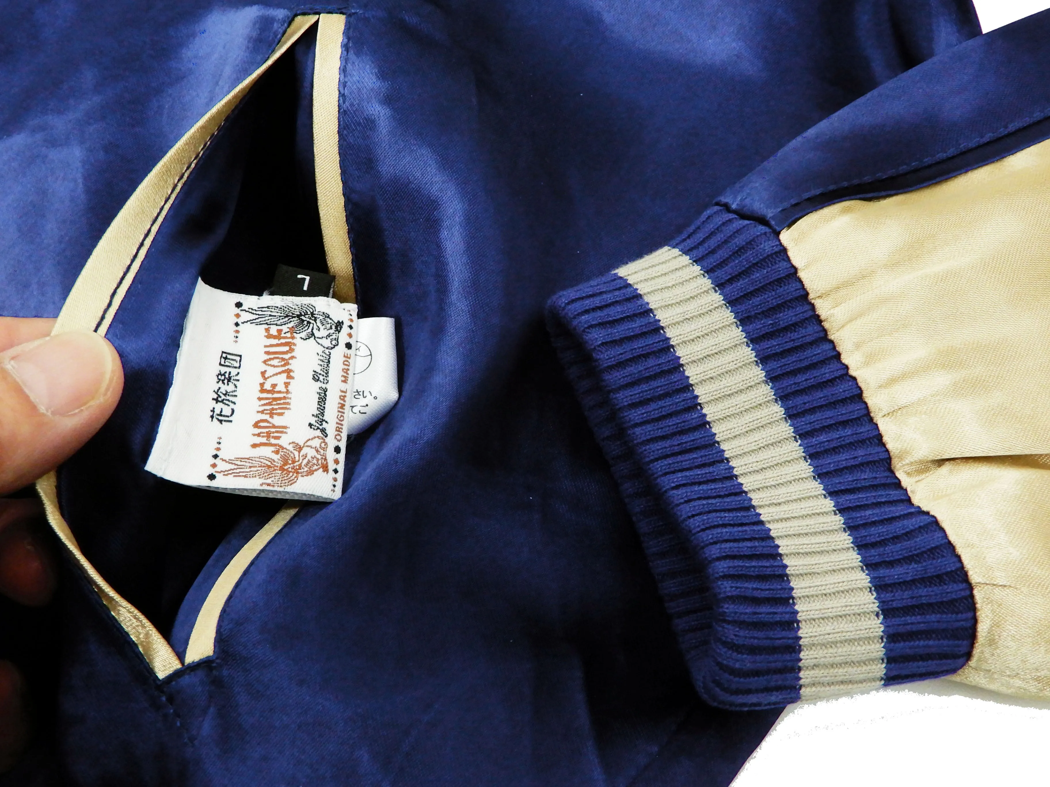 Japanesque Men's Japanese Souvenir Jacket Dragon Sukajan 3RSJ-024 Navy-Blue/Beige