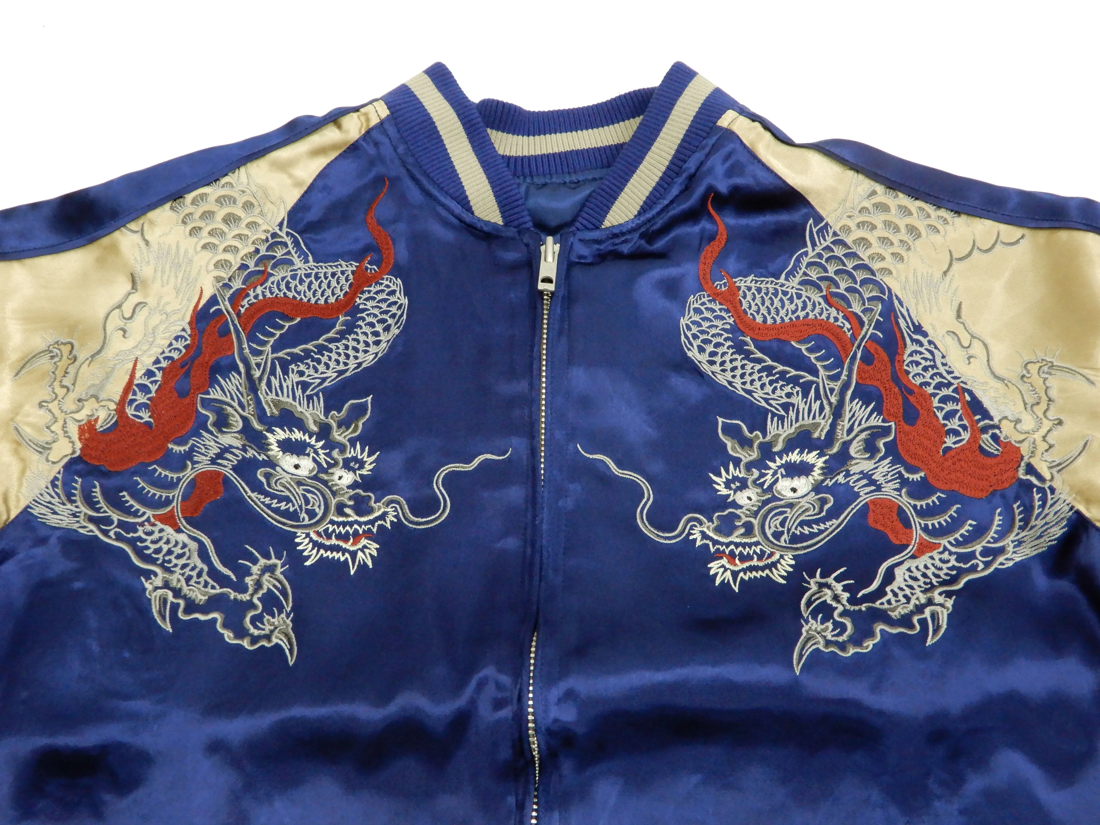Japanesque Men's Japanese Souvenir Jacket Dragon Sukajan 3RSJ-024 Navy-Blue/Beige