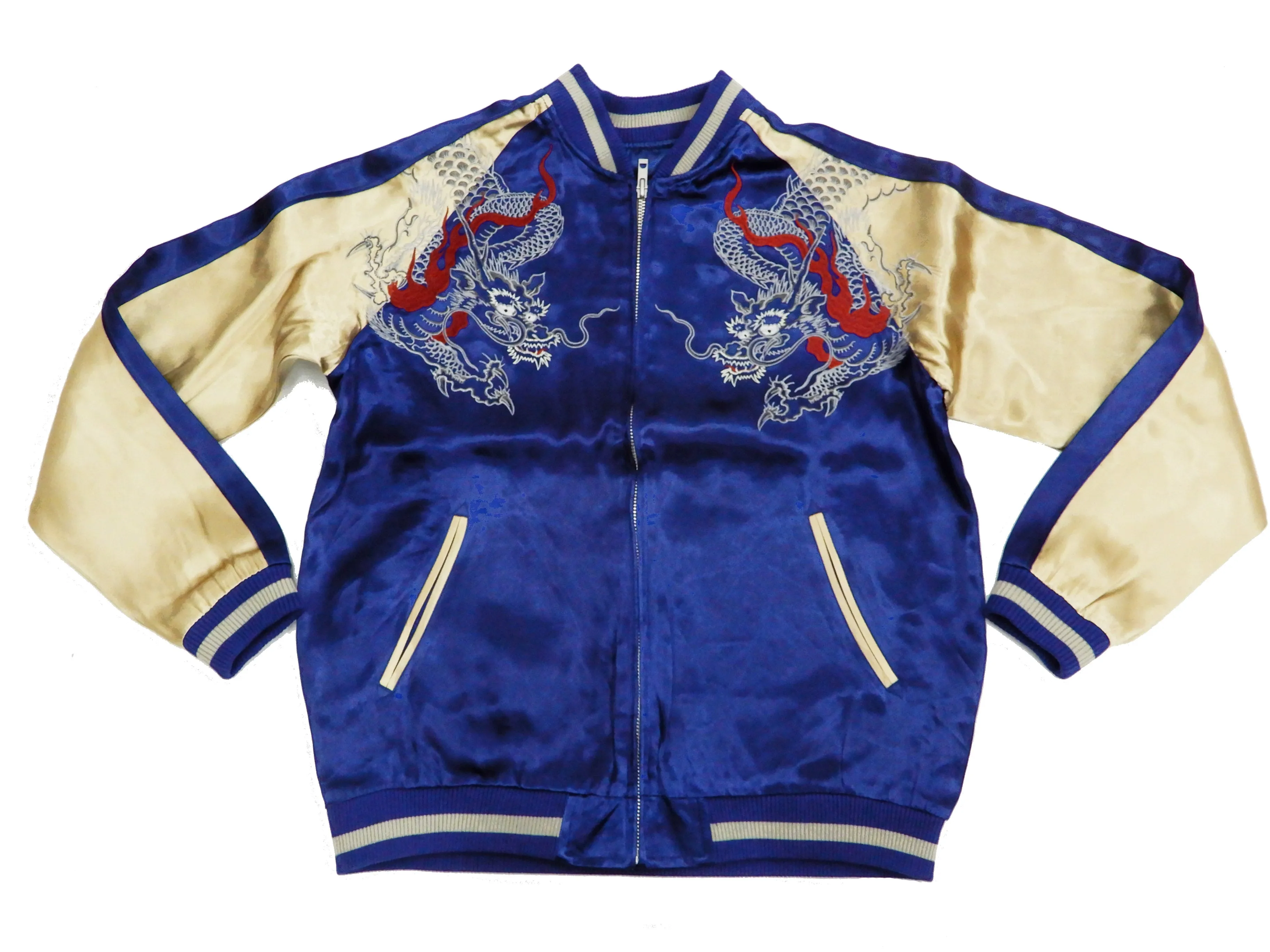 Japanesque Men's Japanese Souvenir Jacket Dragon Sukajan 3RSJ-024 Navy-Blue/Beige