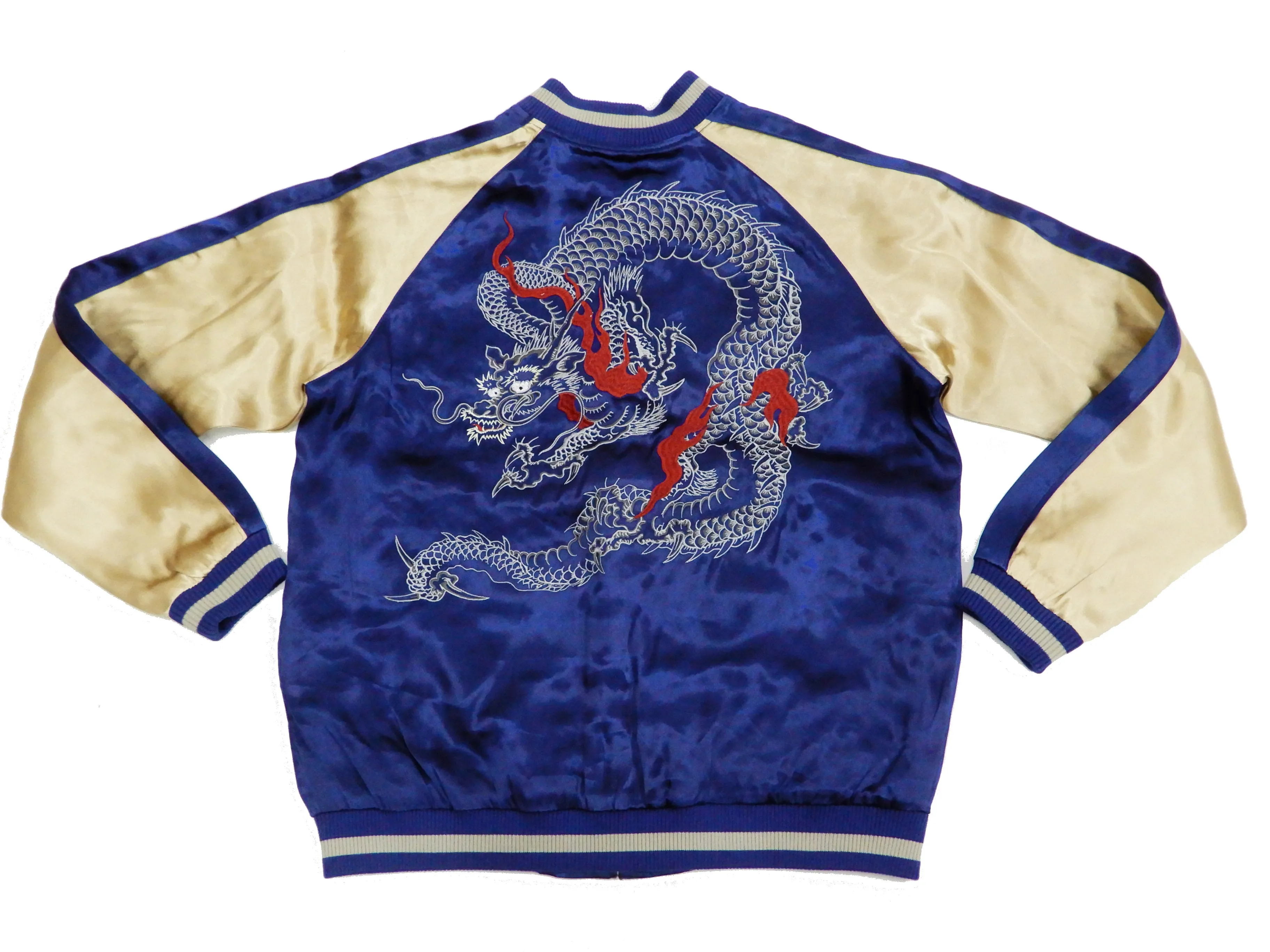 Japanesque Men's Japanese Souvenir Jacket Dragon Sukajan 3RSJ-024 Navy-Blue/Beige