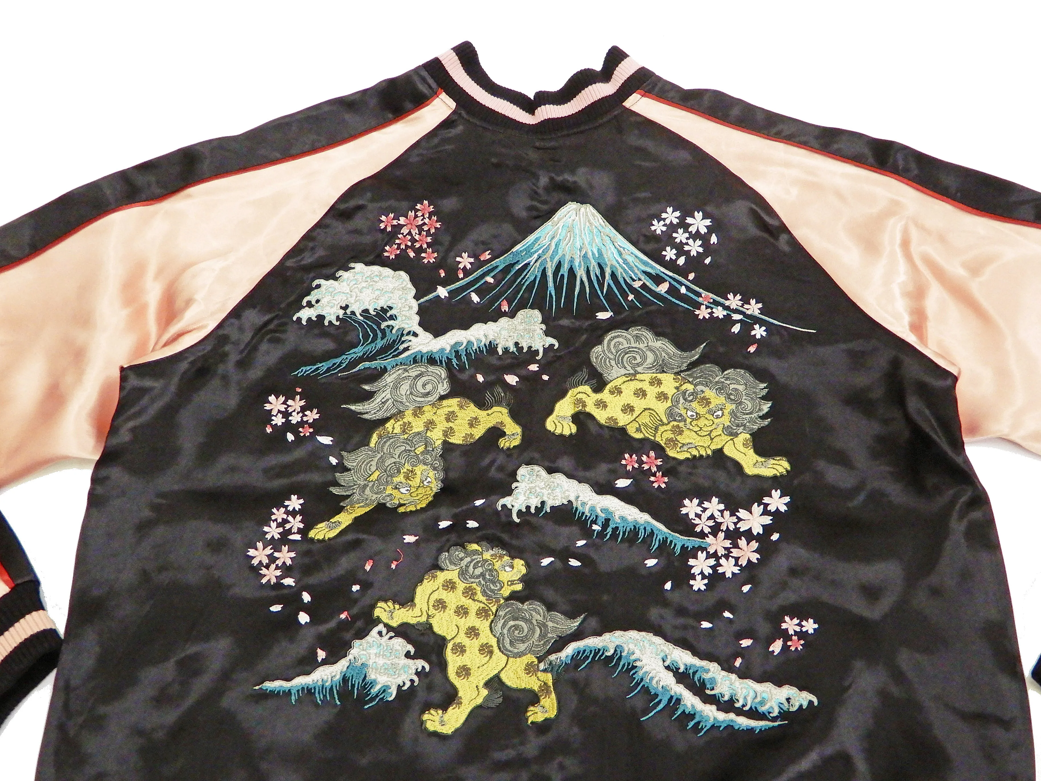 Japanesque Men's Japanese Souvenir Jacket Komainu Embroidered Sukajan 3RSJ-046 Black/Pink