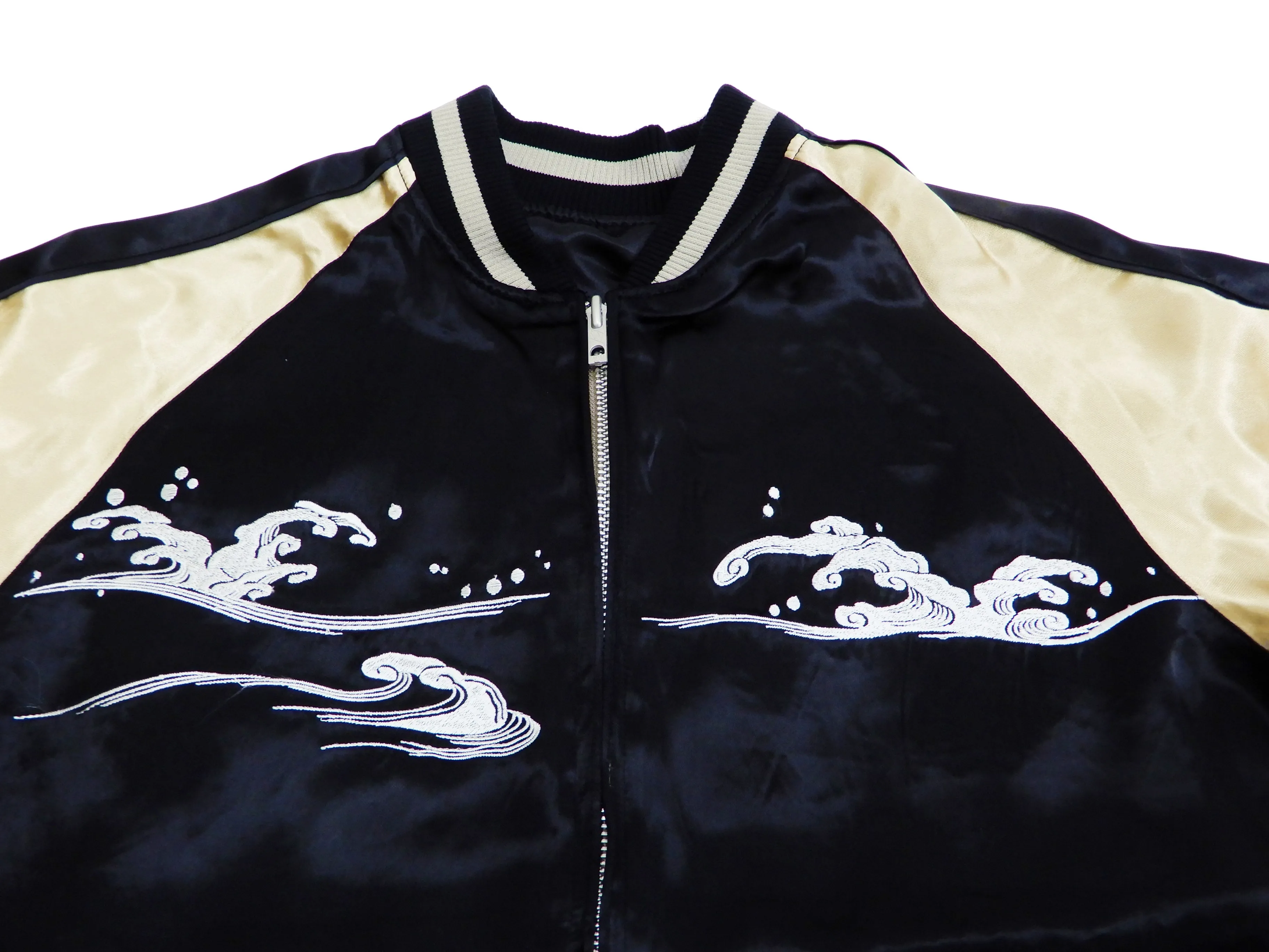 Japanesque Men's Japanese Souvenir Jacket Whale Breach Sukajan 3RSJ-041 Black/Beige