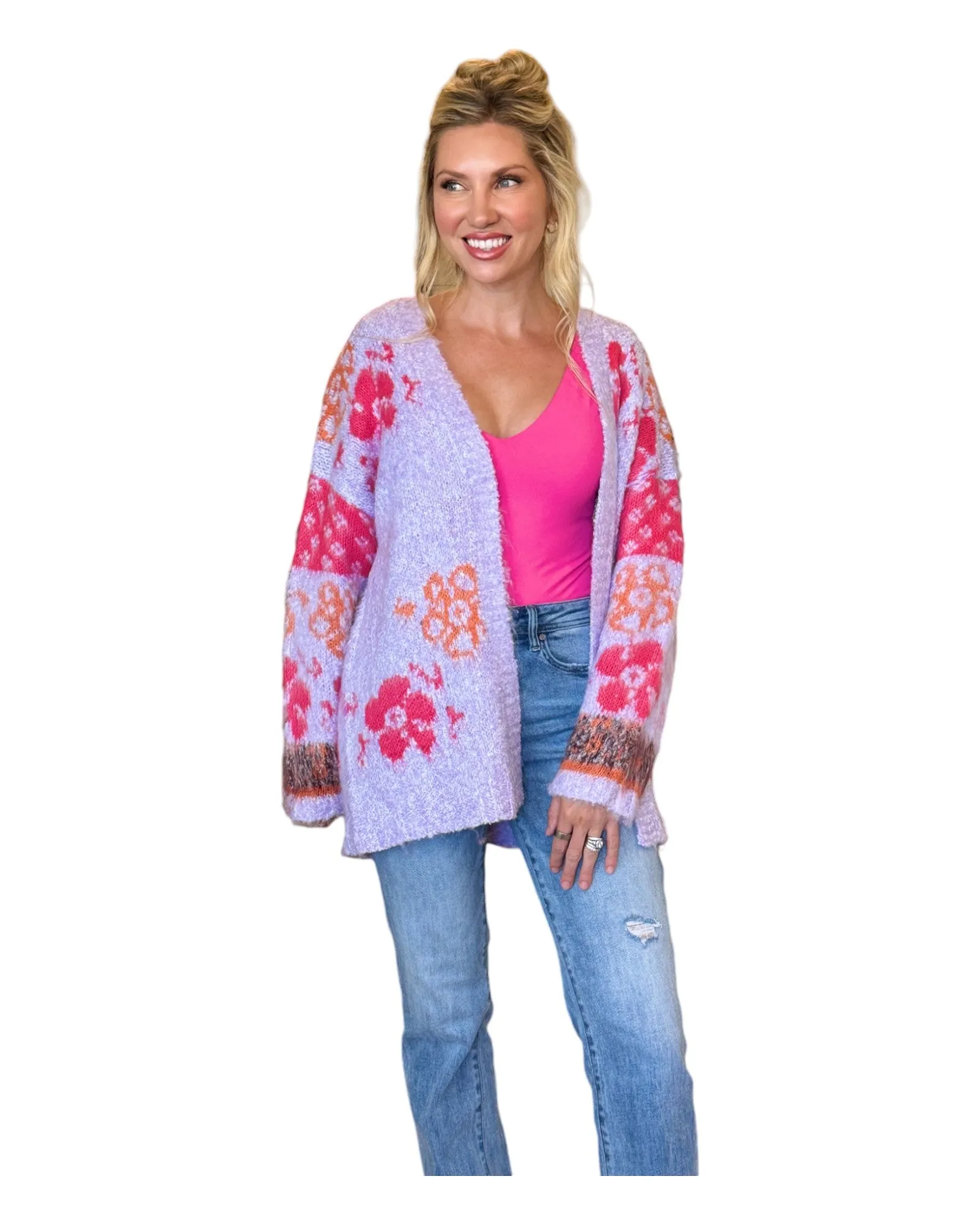 Kristi Oversized Fuzzy Cardigan - Lavender Floral