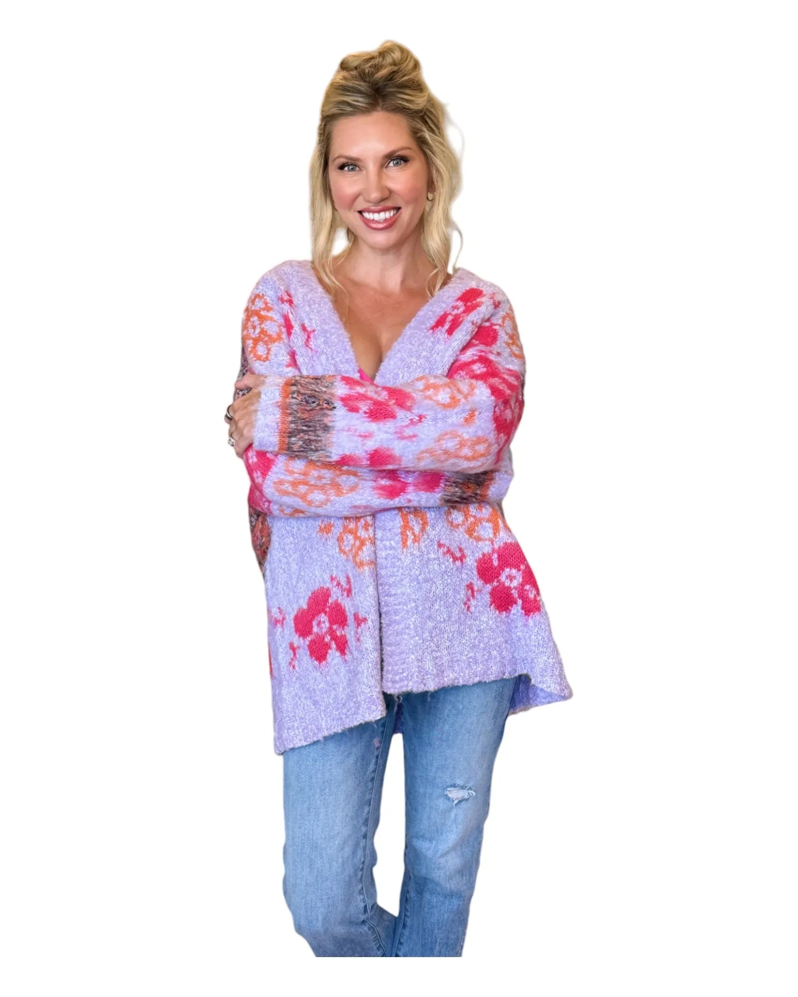 Kristi Oversized Fuzzy Cardigan - Lavender Floral