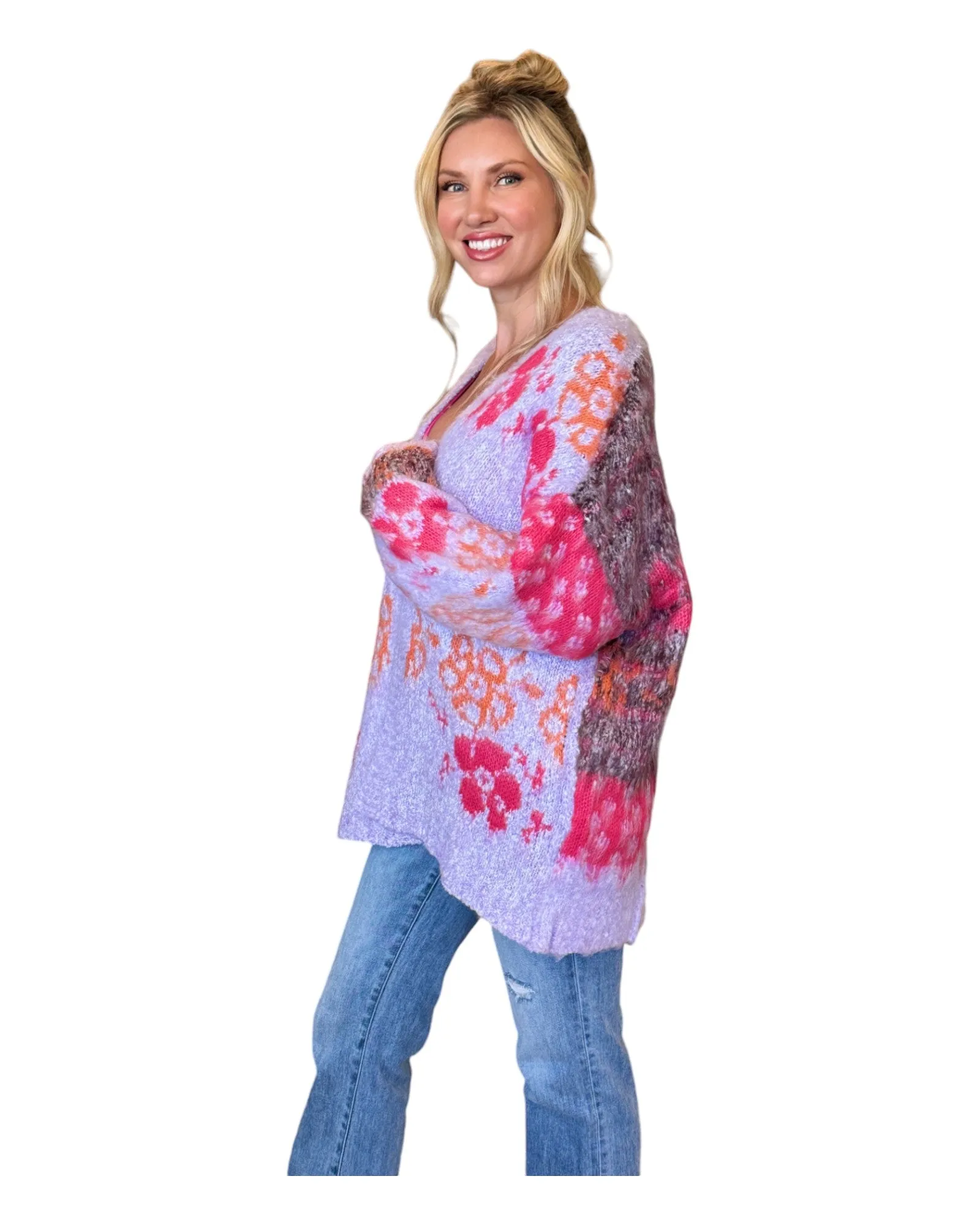 Kristi Oversized Fuzzy Cardigan - Lavender Floral