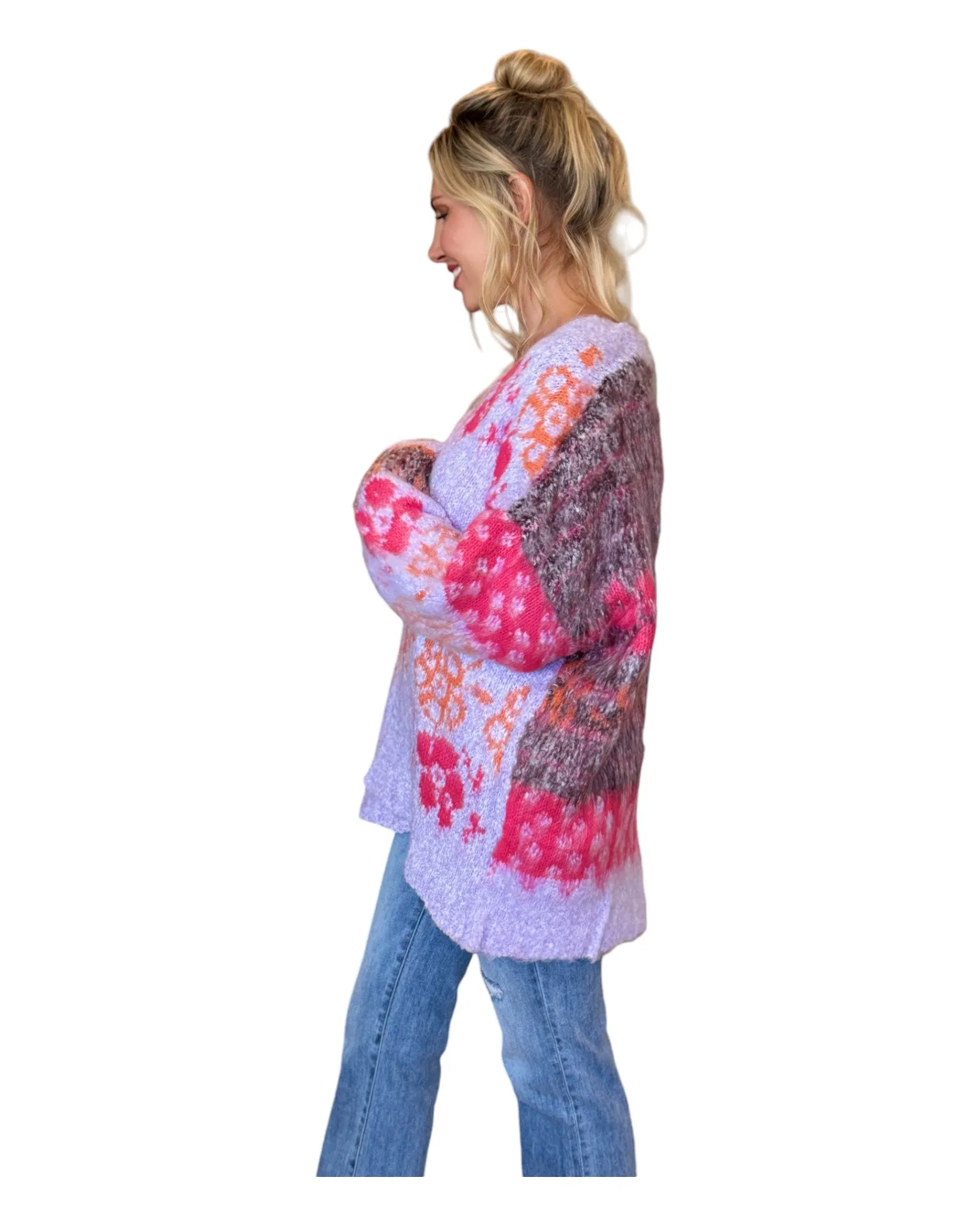 Kristi Oversized Fuzzy Cardigan - Lavender Floral