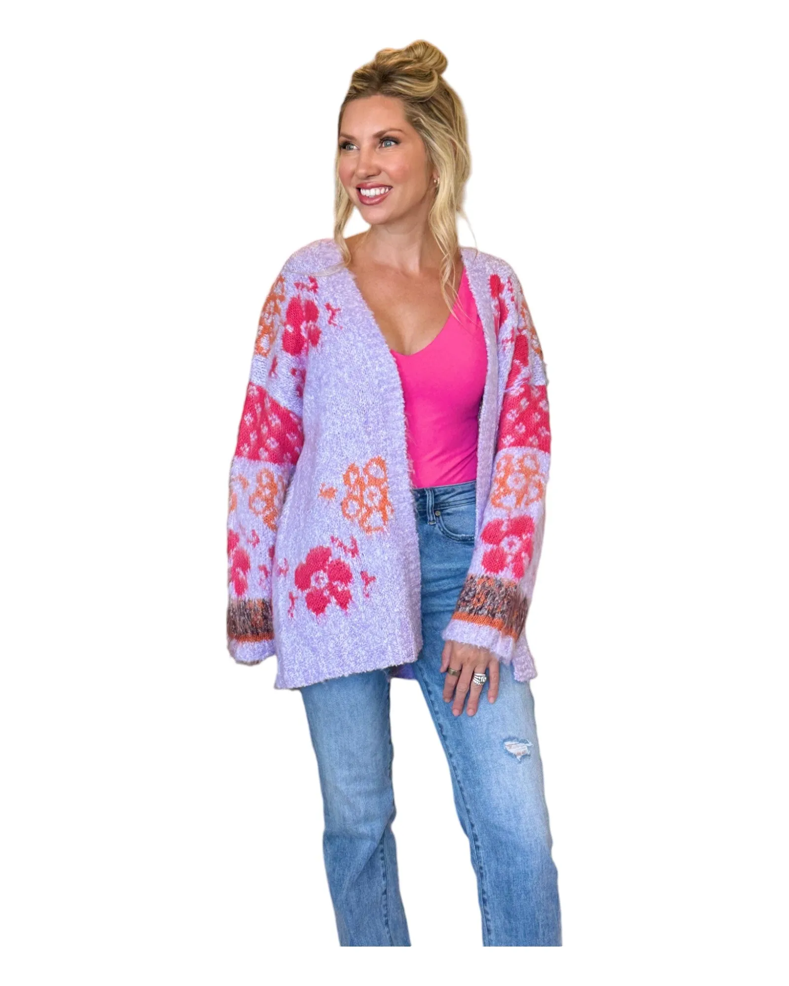 Kristi Oversized Fuzzy Cardigan - Lavender Floral