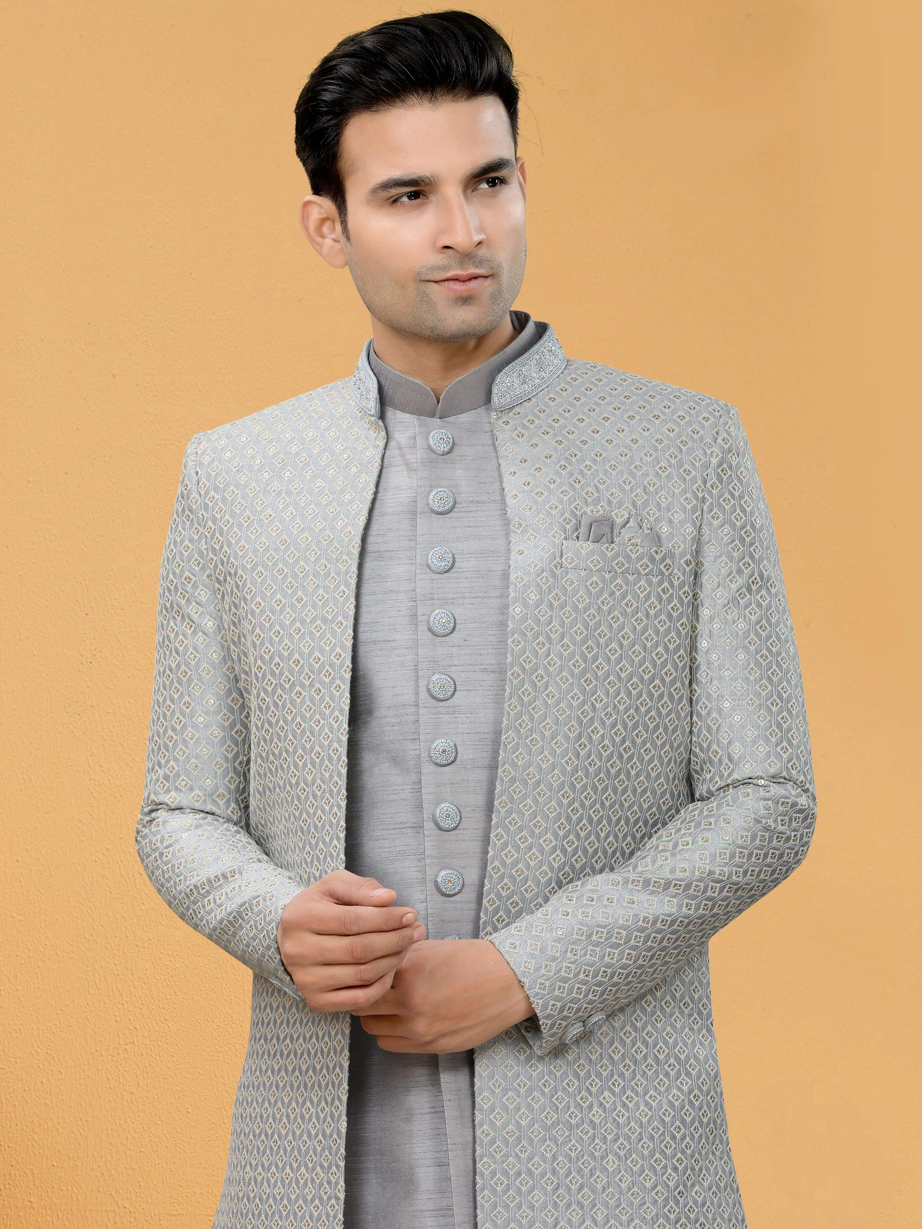 Light Grey Indo Western Kurta Set with Handcrafted Jacket