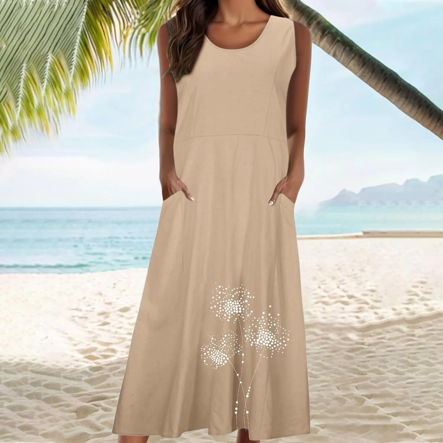 Linen Dress Women Summer Print Loose Casual Beach Vacation Flowy Maxi Dress with Pockets Long Flowy Boho Dresses