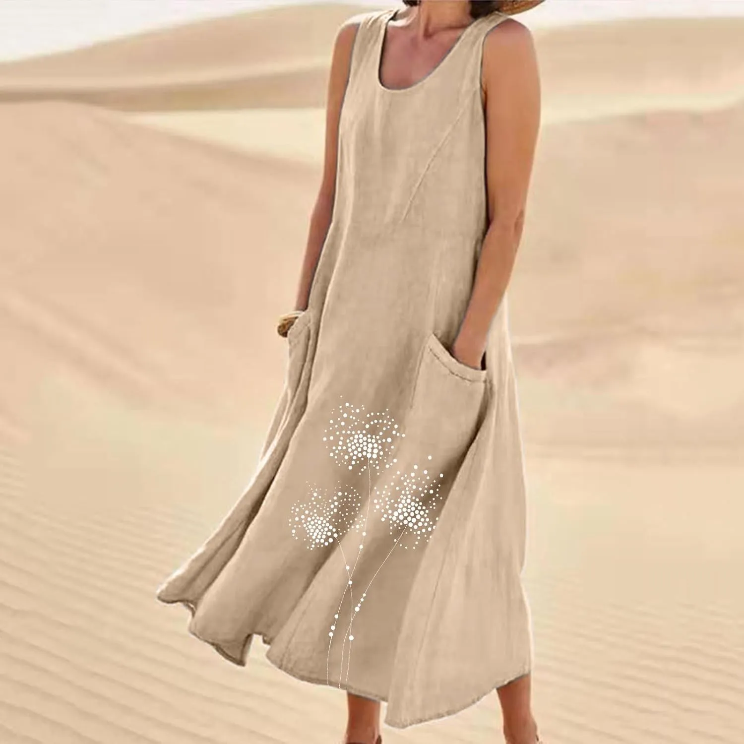 Linen Dress Women Summer Print Loose Casual Beach Vacation Flowy Maxi Dress with Pockets Long Flowy Boho Dresses