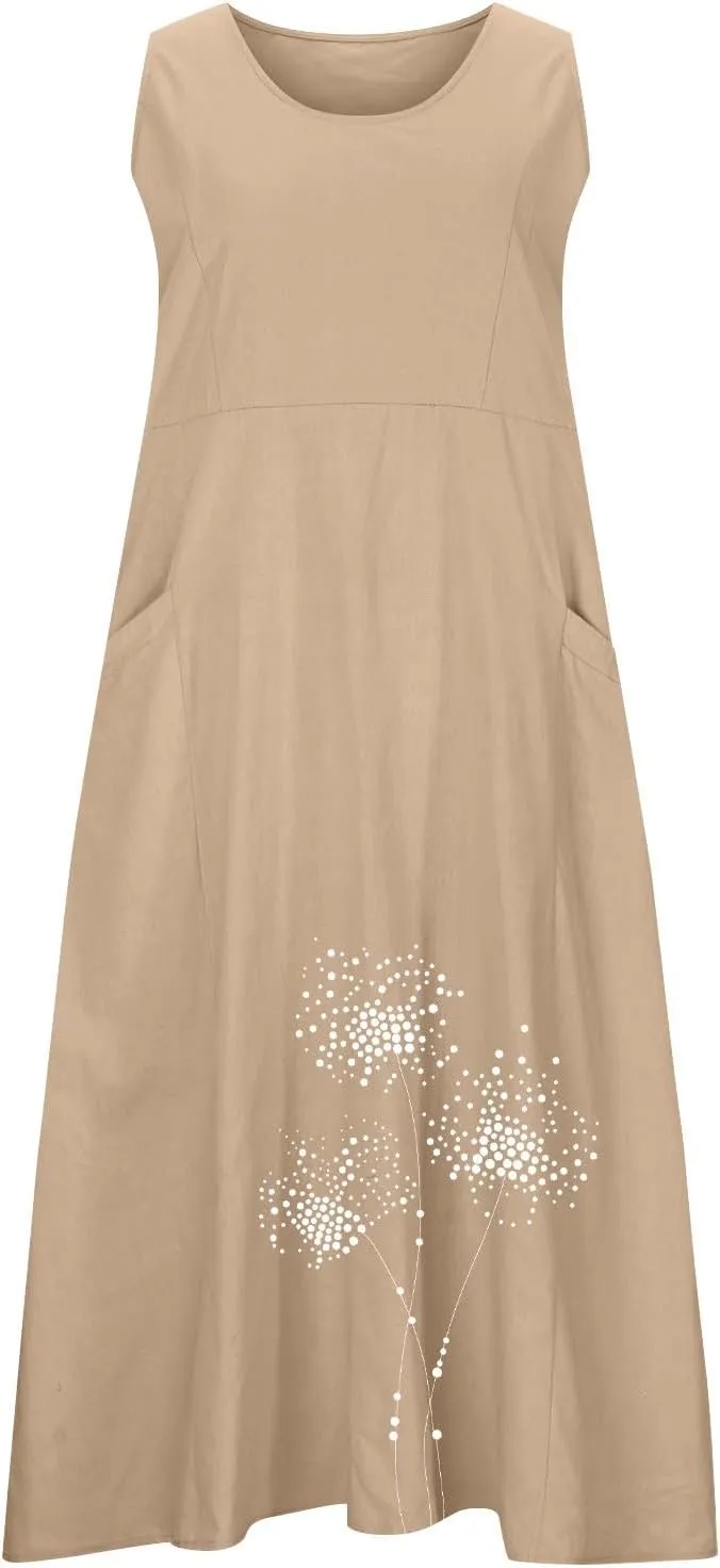Linen Dress Women Summer Print Loose Casual Beach Vacation Flowy Maxi Dress with Pockets Long Flowy Boho Dresses
