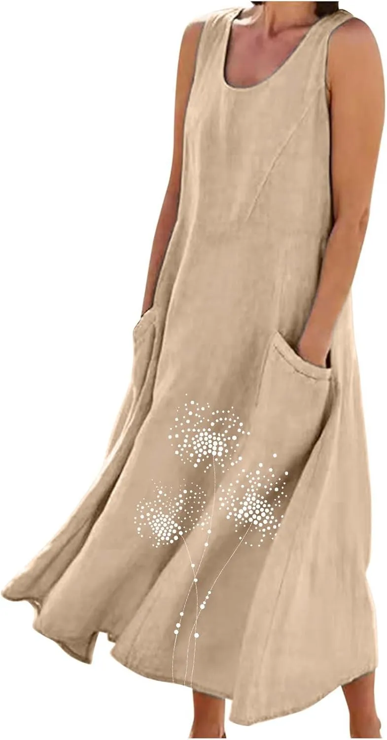 Linen Dress Women Summer Print Loose Casual Beach Vacation Flowy Maxi Dress with Pockets Long Flowy Boho Dresses