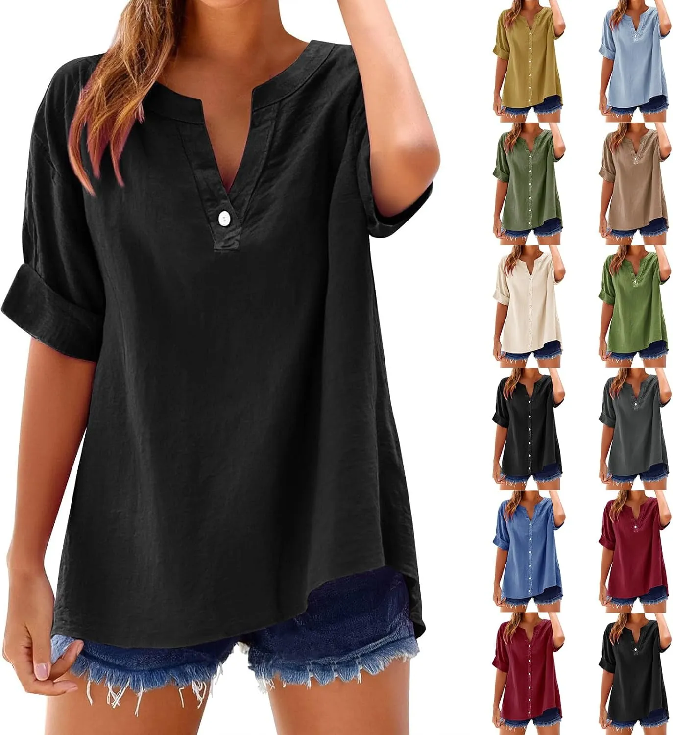 Linen Shirts for Women Short Sleeve Button Down Tops Loose Fit Dressy Trendy Tunic Tops Cute Casual Summer Outfits 2025